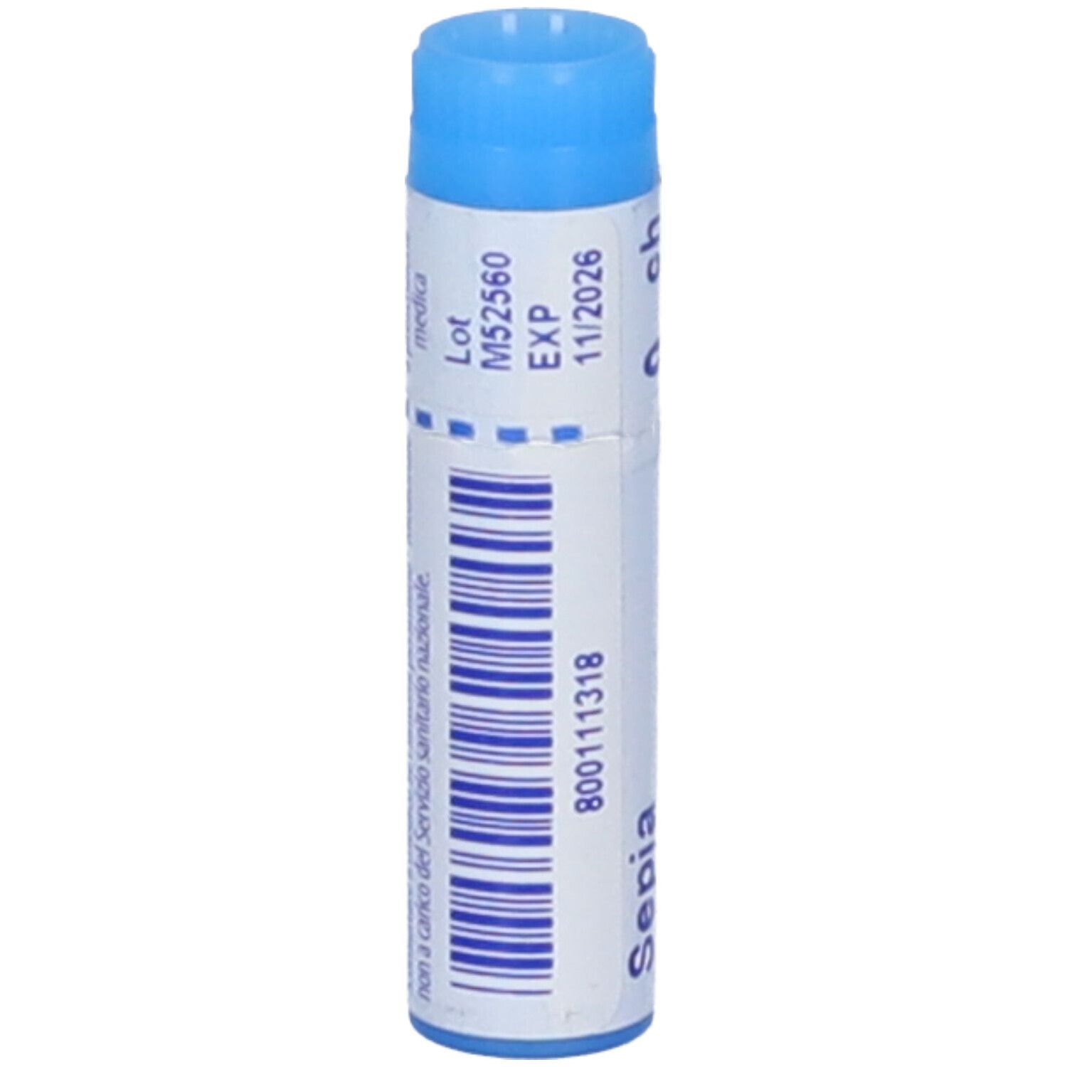 Tubo blu con Sepia officinalis 9 ch Globuli. Scritta: Sepia officinalis, 9 ch, BOIRON, scadenza 11/2026.