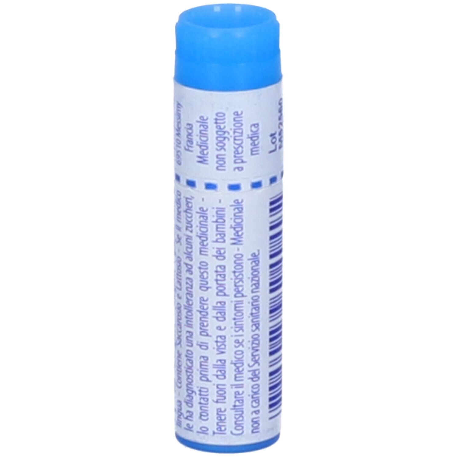 Tubo blu con Sepia officinalis 9 ch Globuli. Scritta: Sepia officinalis, 9 ch, BOIRON, scadenza 11/2026.