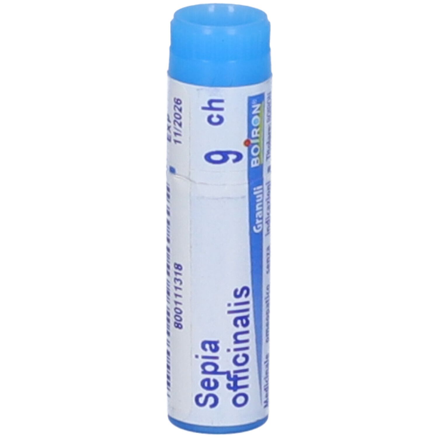 Tubo blu con Sepia officinalis 9 ch Globuli. Scritta: Sepia officinalis, 9 ch, BOIRON, scadenza 11/2026.