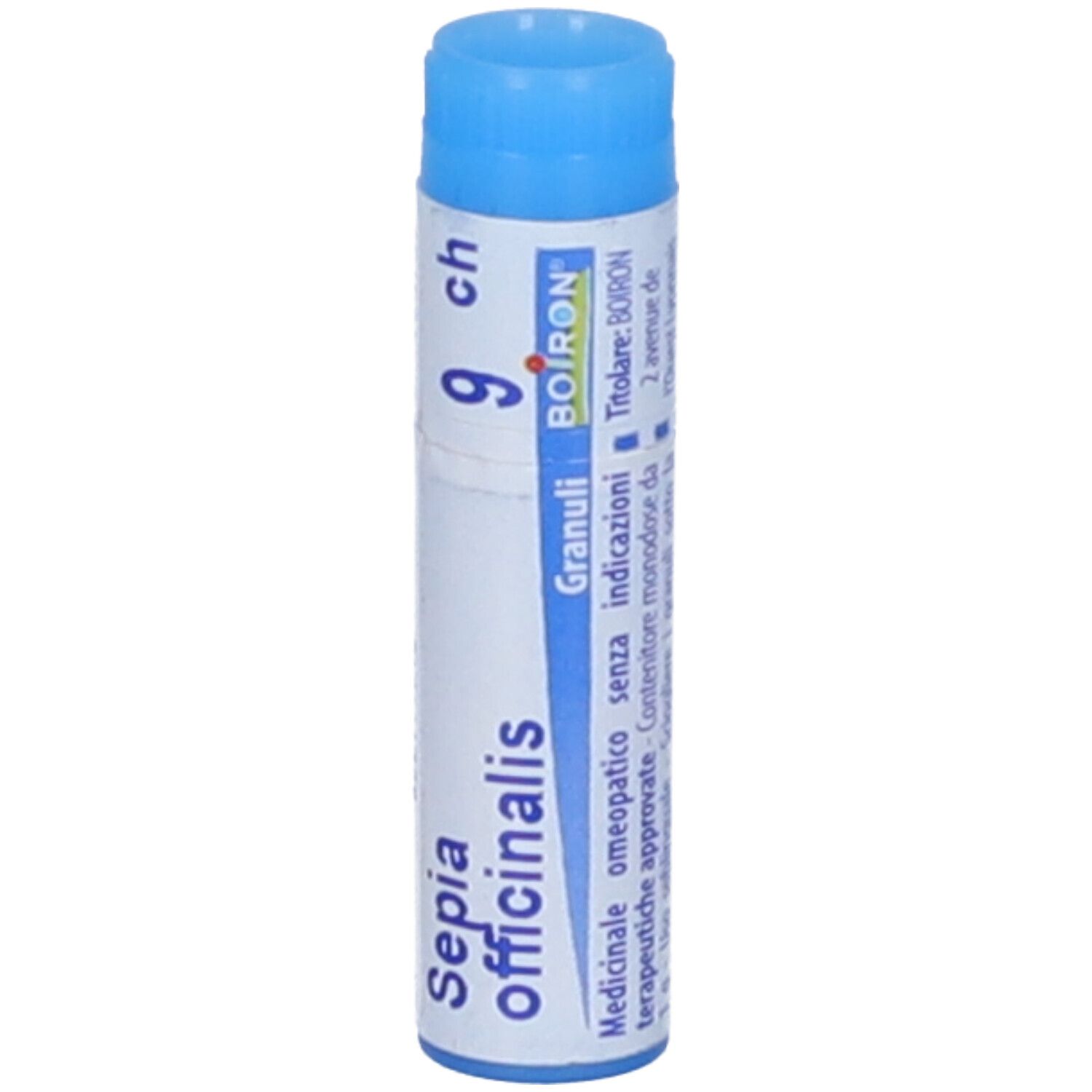 Tubo blu con Sepia officinalis 9 ch Globuli. Scritta: Sepia officinalis, 9 ch, BOIRON, scadenza 11/2026.