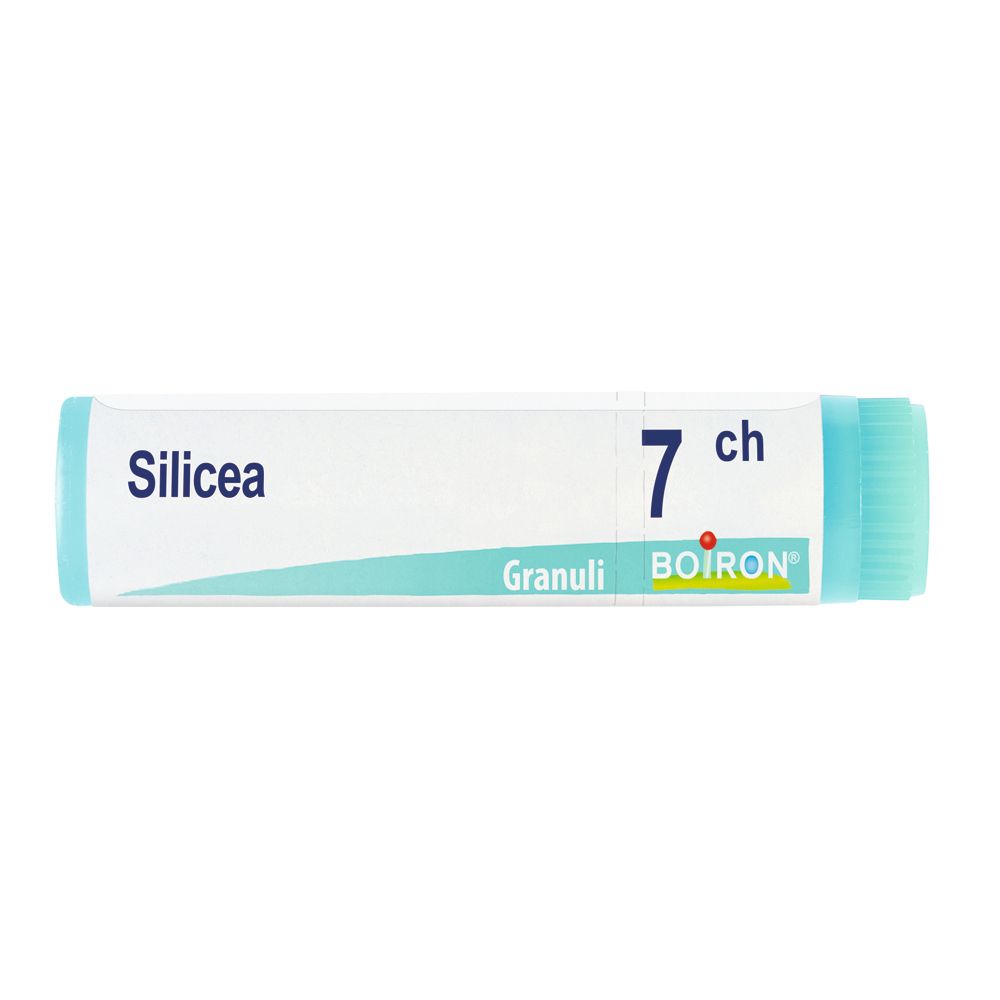 Confezione cilindrica con scritta Silicea 7 ch, Granuli, BOIRON. Colori turchese e bianco.