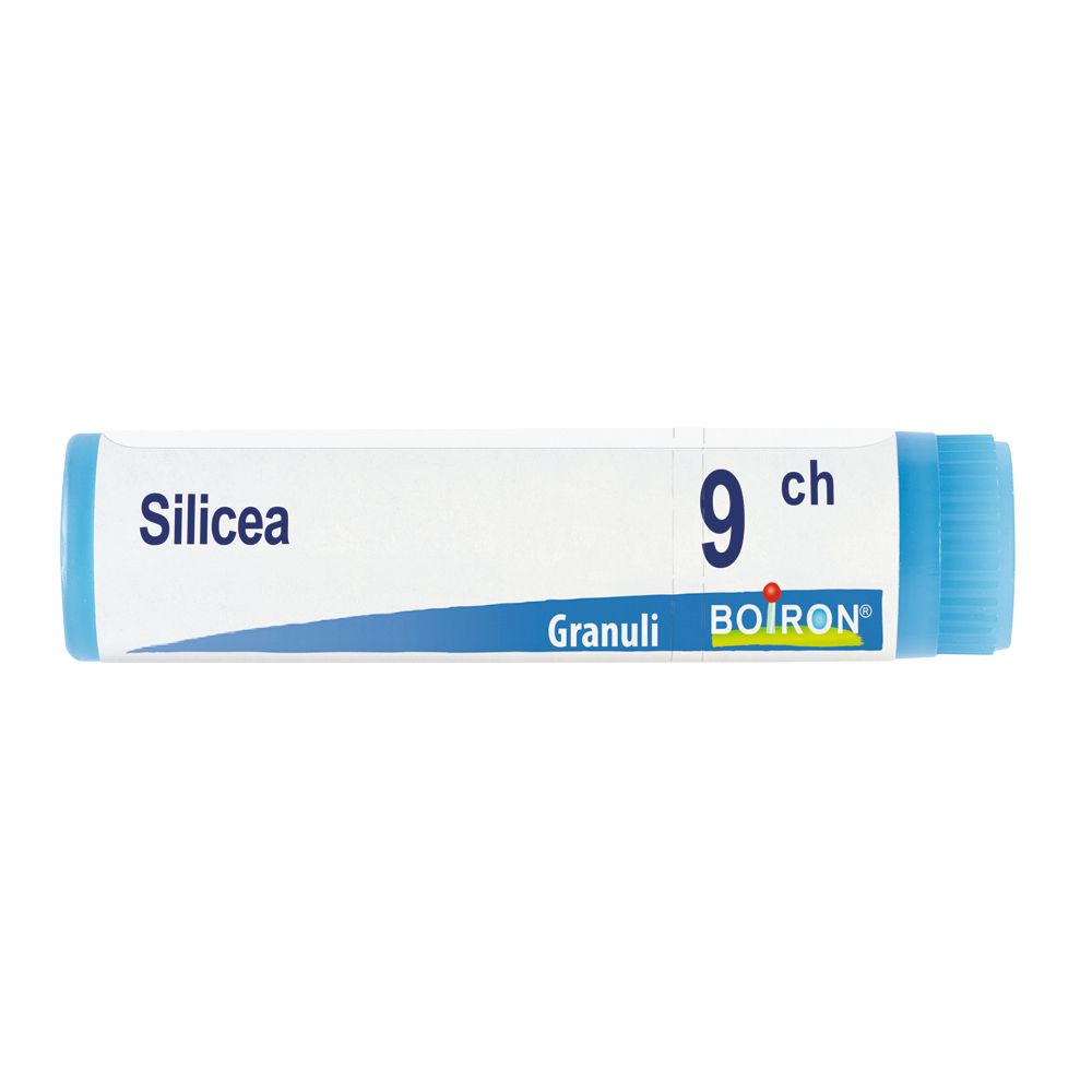 Confezione cilindrica con tappo blu. Scritta: Silicea 9 ch, Granuli, BOIRON®.