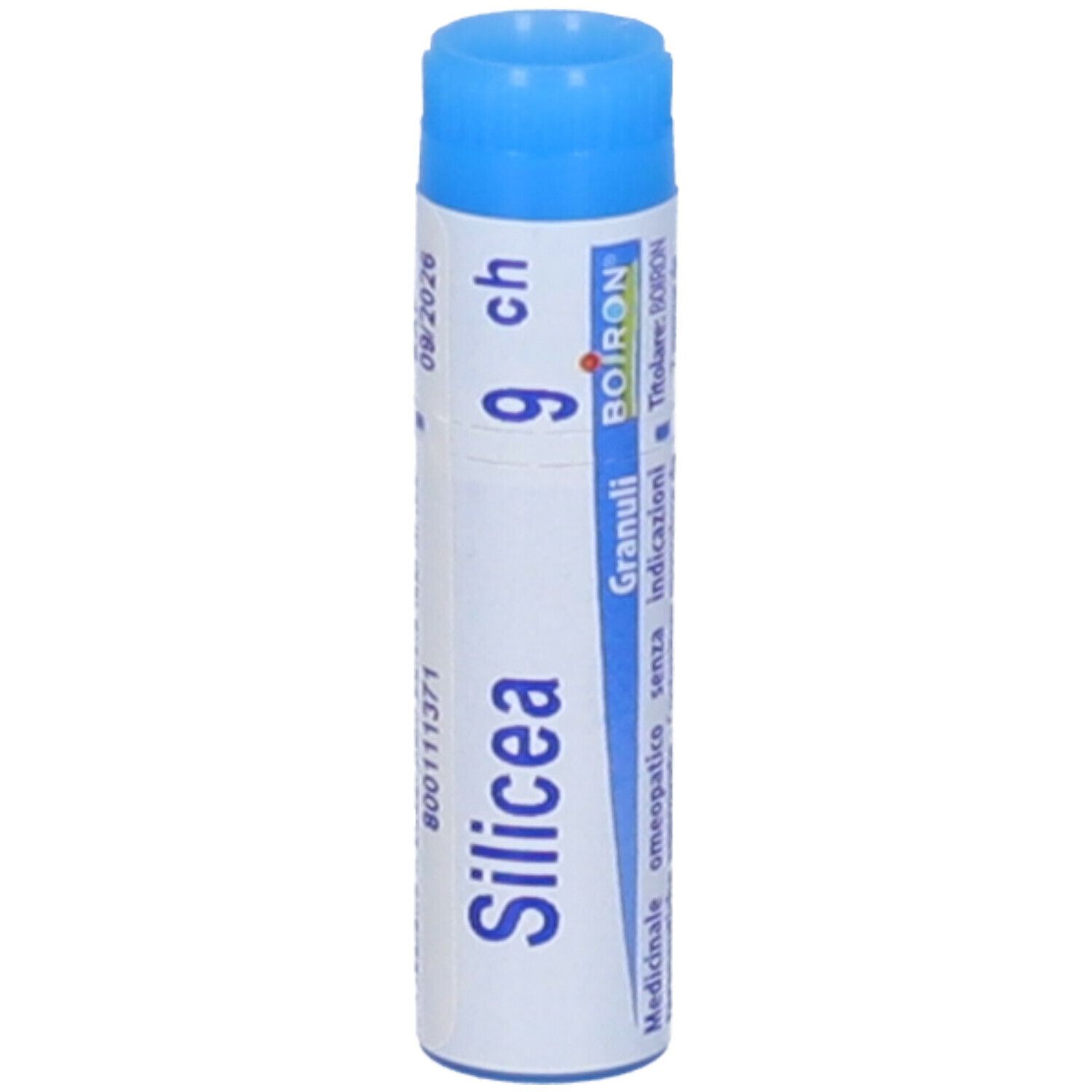 Confezione cilindrica con tappo blu. Scritta: Silicea 9 ch, BOIRON®, Granuli.