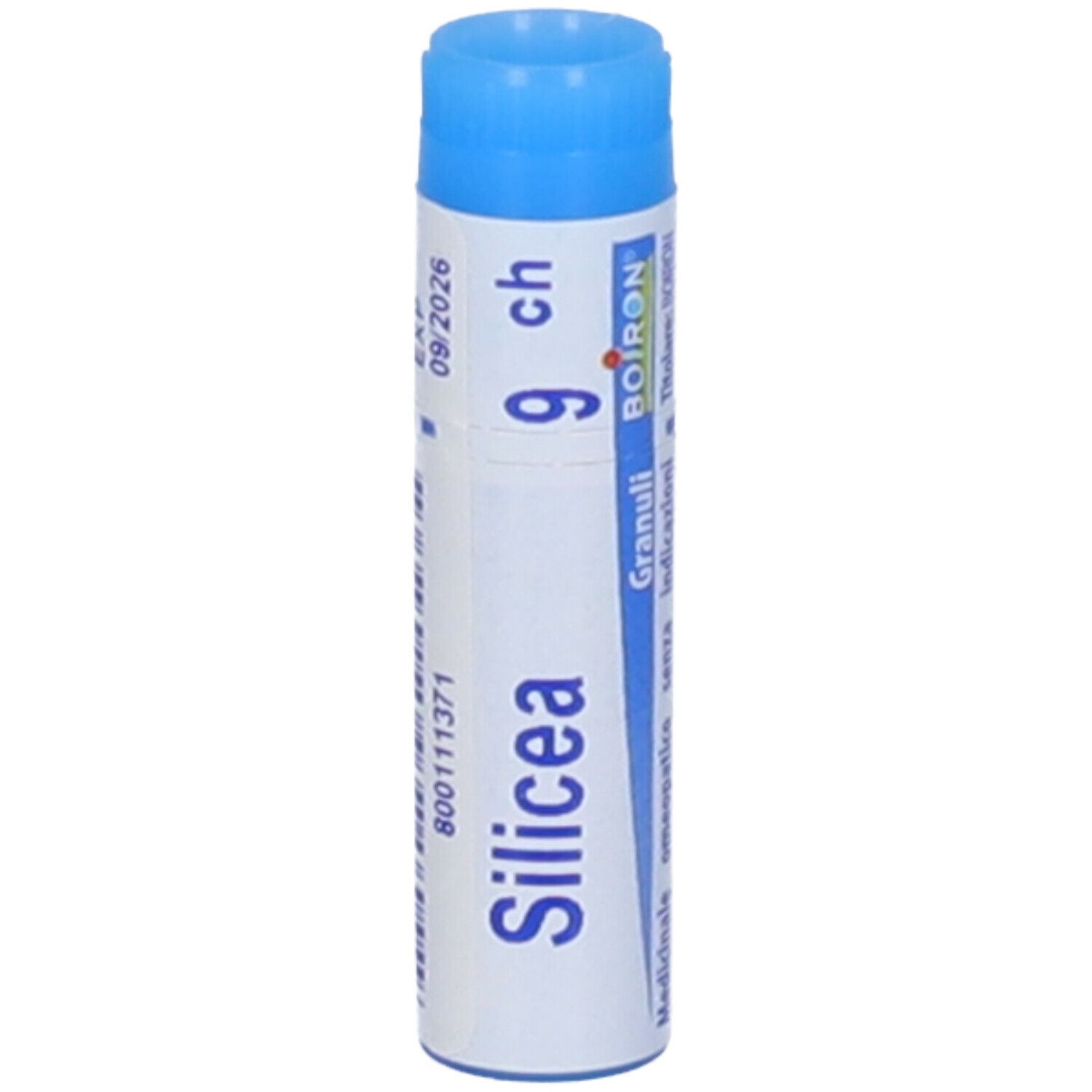 Confezione cilindrica con tappo blu. Scritta: Silicea 9 ch, BOIRON®, Granuli.