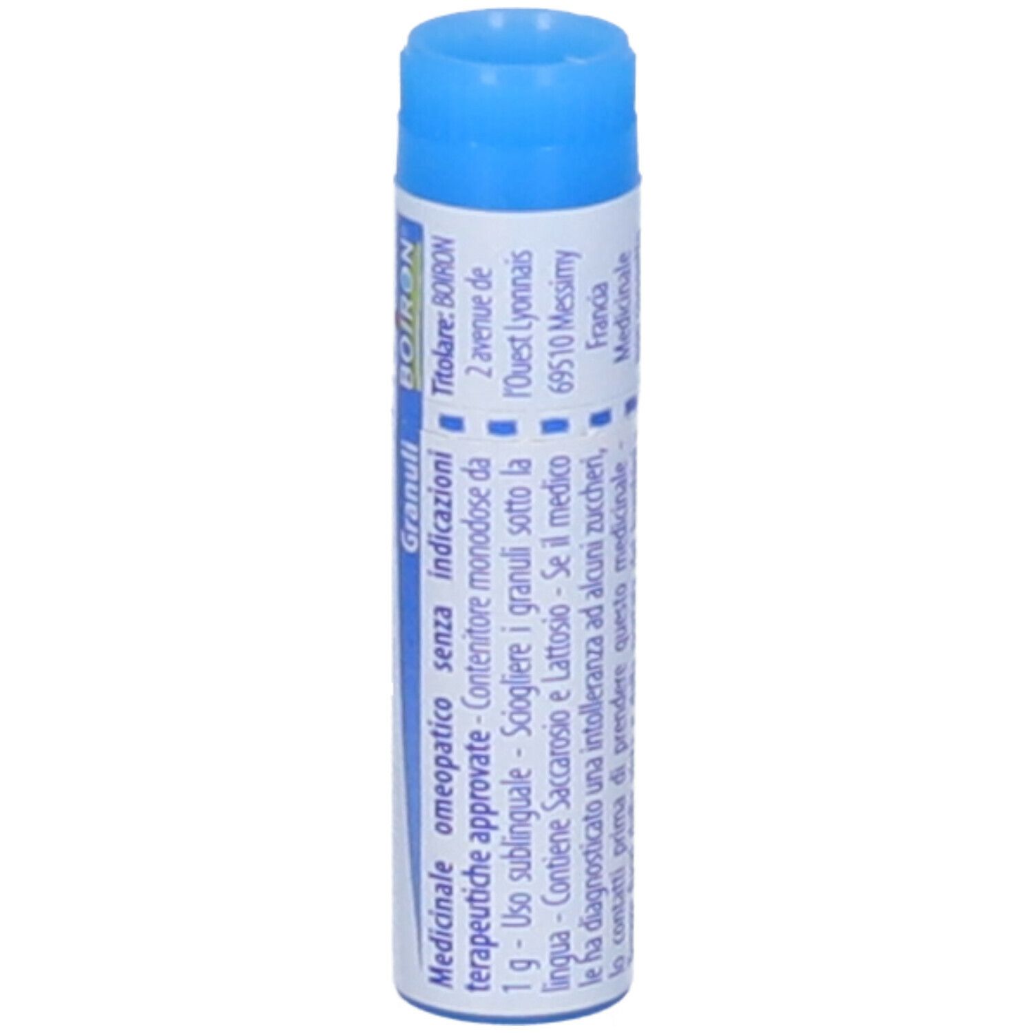 Confezione cilindrica con tappo blu. Scritta: Silicea 9 ch, BOIRON®, informazioni mediche.