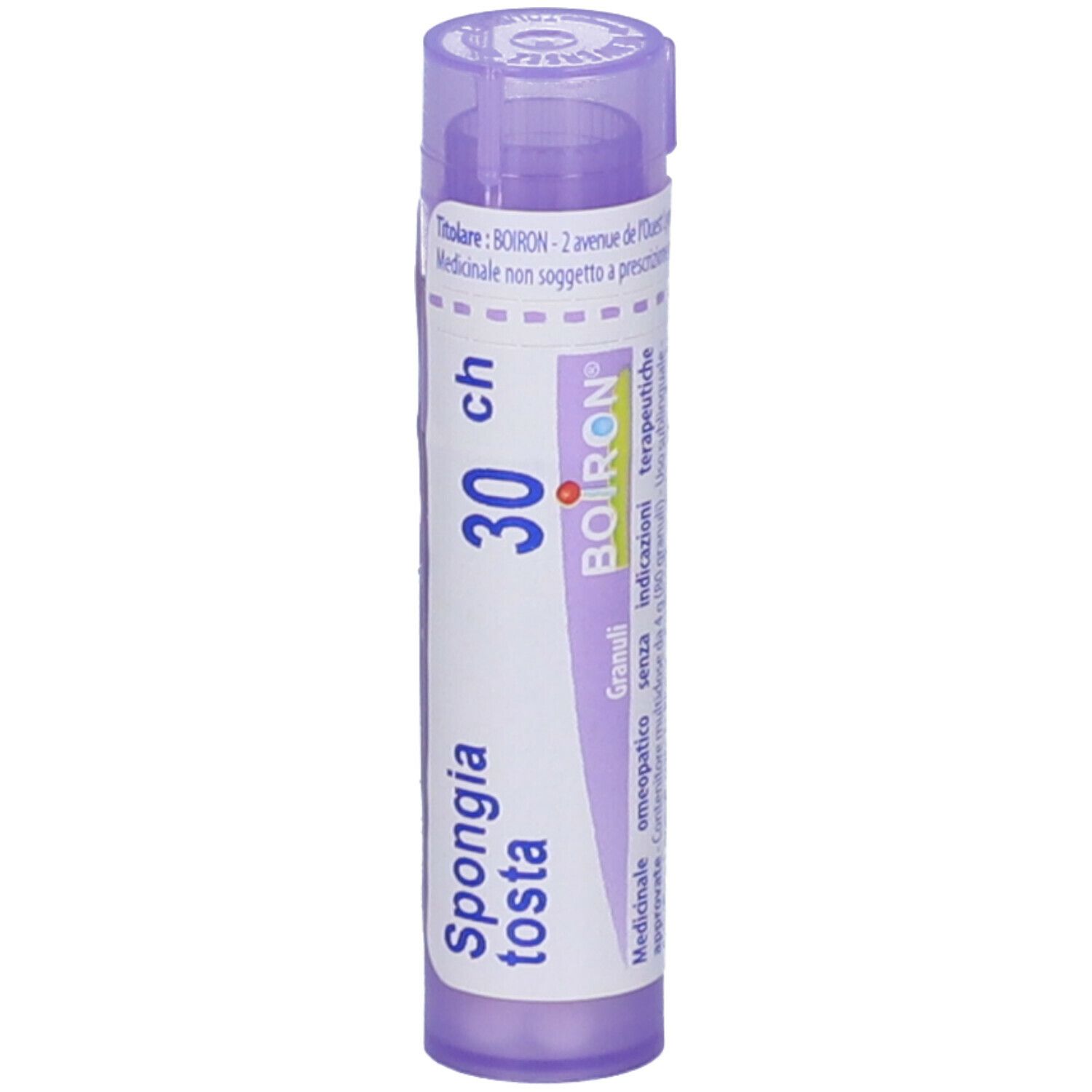 Flacone cilindrico, tappo viola. Scritte: Spongia tosta, 30 ch, BOIRON, Granuli. Vista verticale.