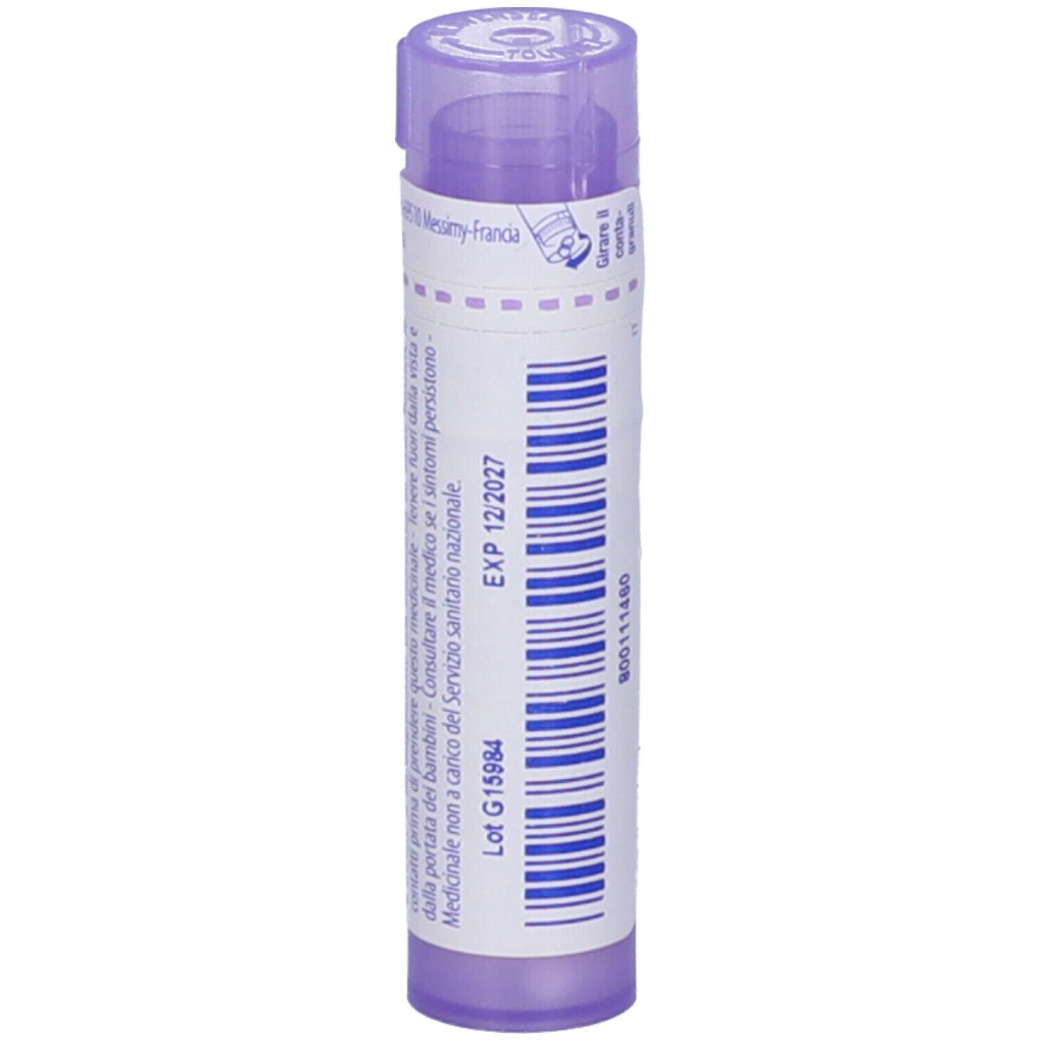Flacone cilindrico, tappo viola. Scritte: Spongia tosta, 30 ch, BOIRON, Granuli. Scadenza e numero di lotto.