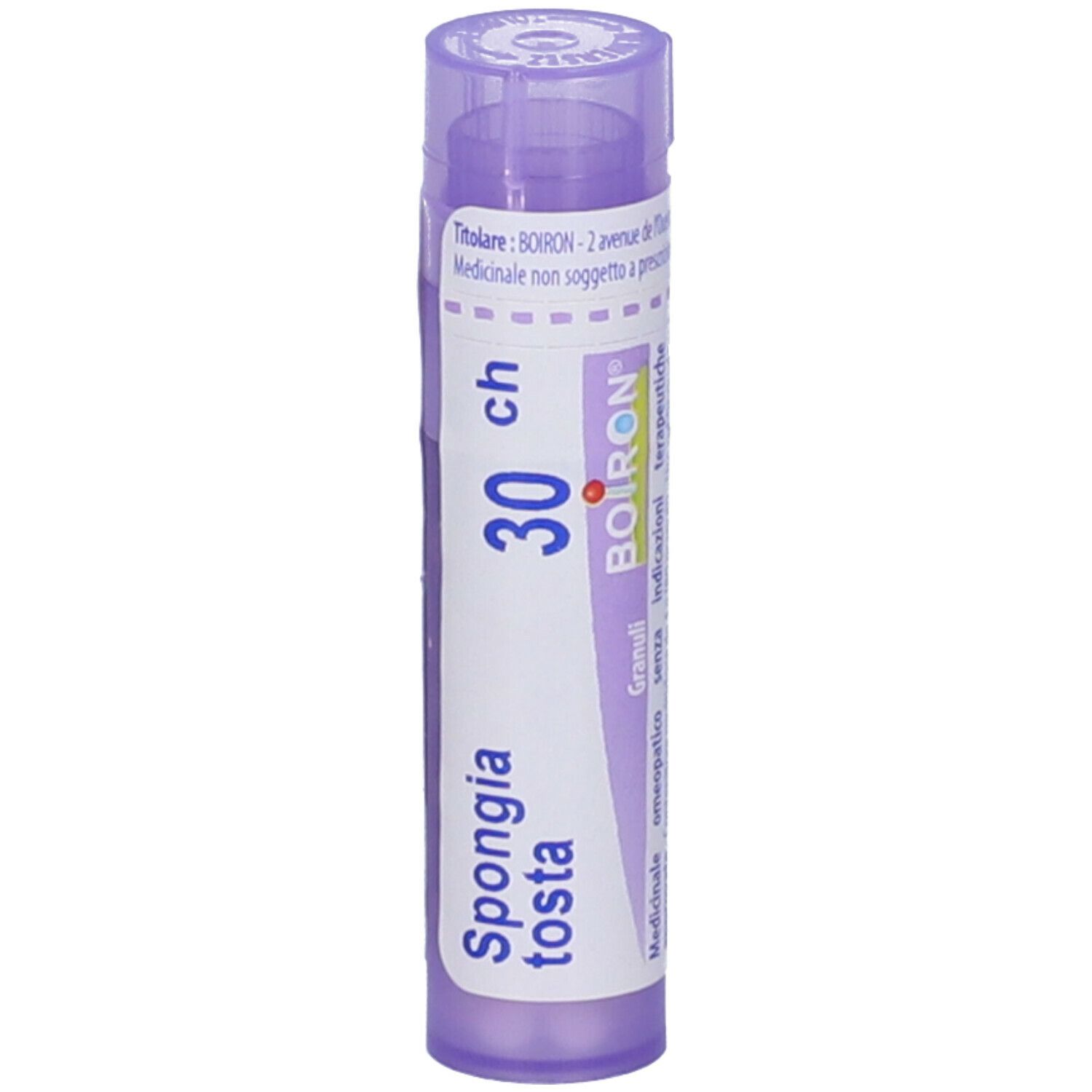 Flacone cilindrico, tappo viola. Scritte: Spongia tosta, 30 ch, BOIRON, Granuli. Vista verticale.