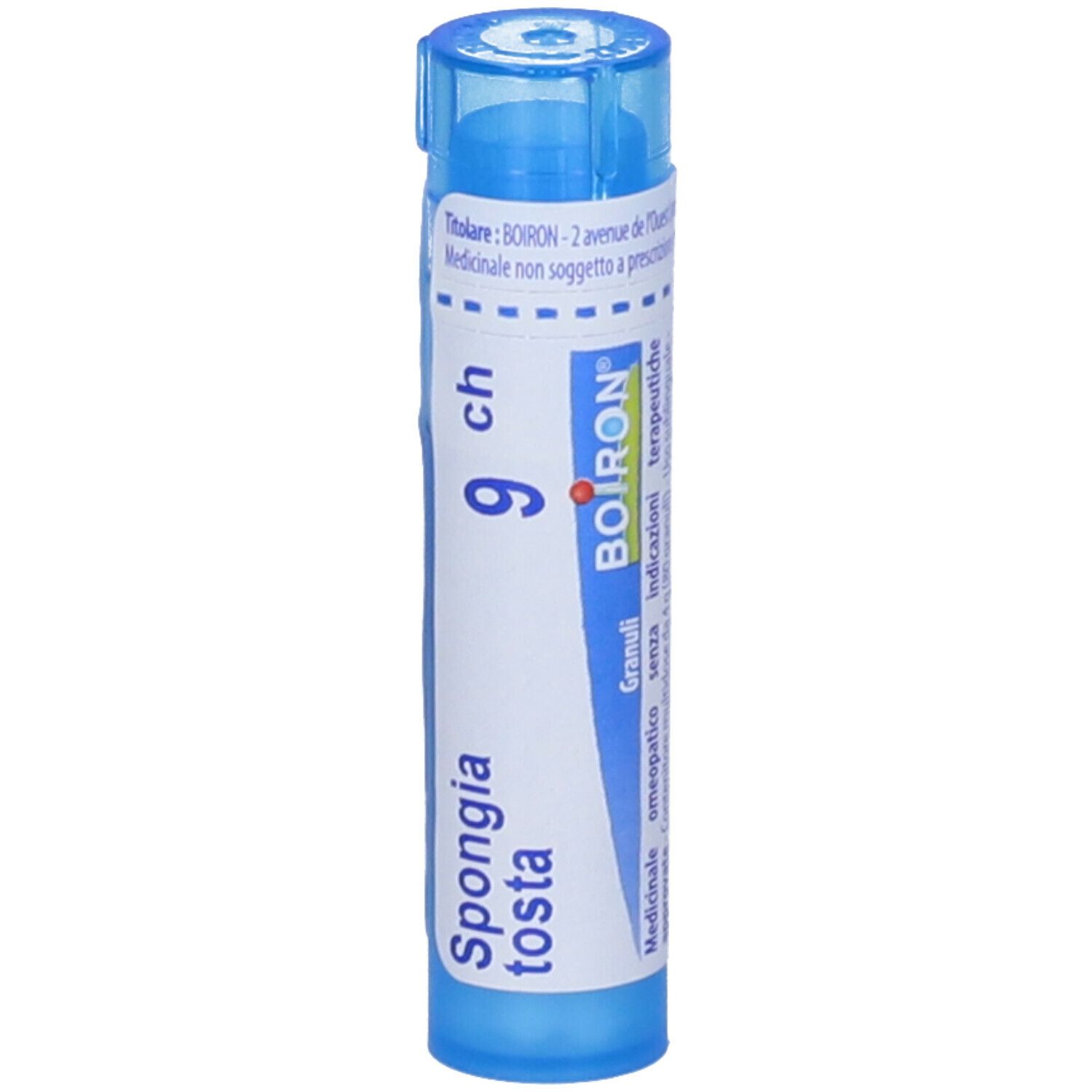 Tubo blu con etichetta bianca. Scritta: Spongia tosta 9 ch, logo BOIRON.