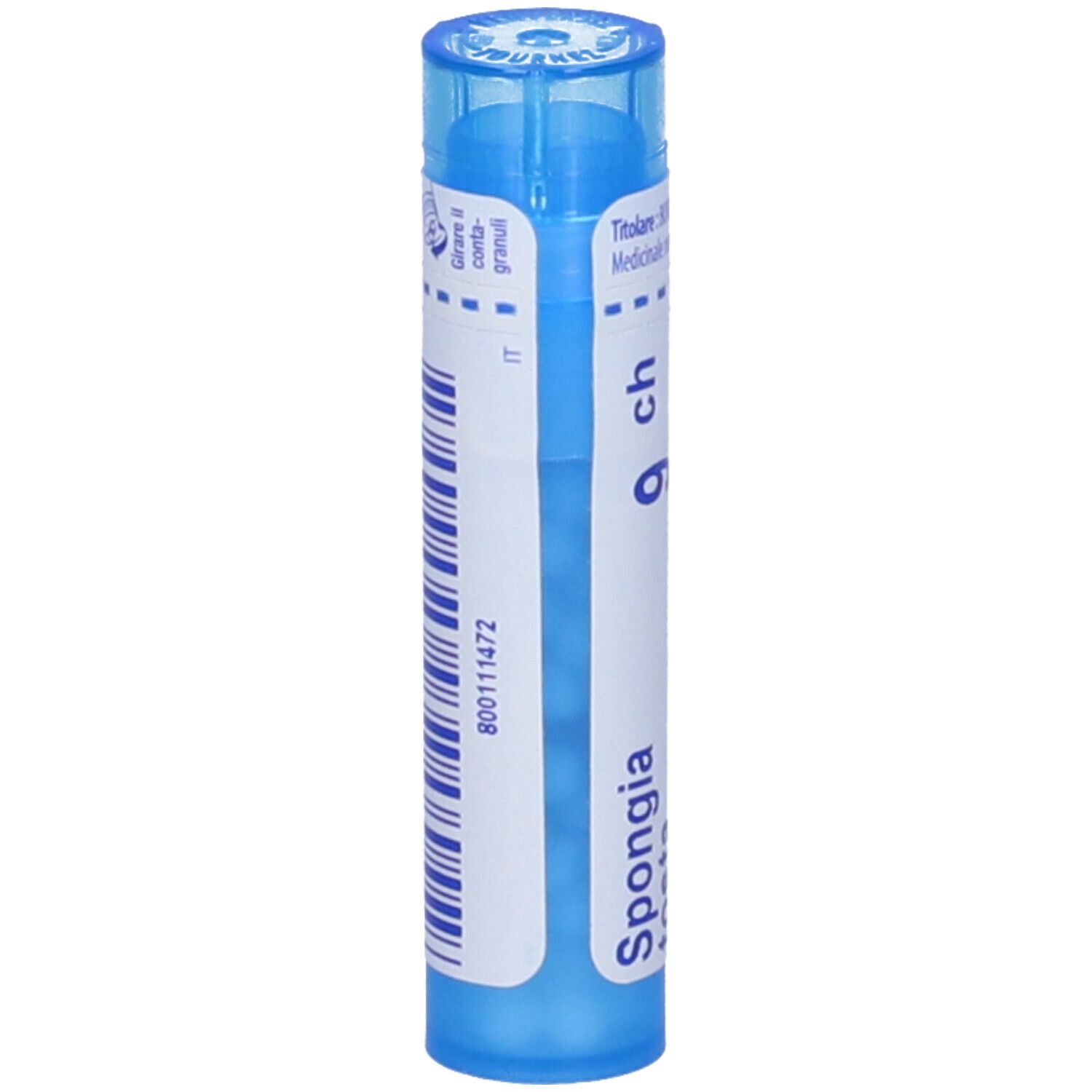 Tubo blu con etichetta bianca. Scritta: Spongia, 9 ch, codice IT, codice a barre.