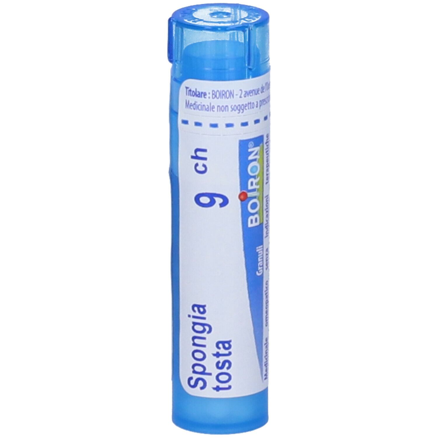 Tubo blu con etichetta bianca. Scritta: Spongia tosta 9 ch, logo BOIRON.