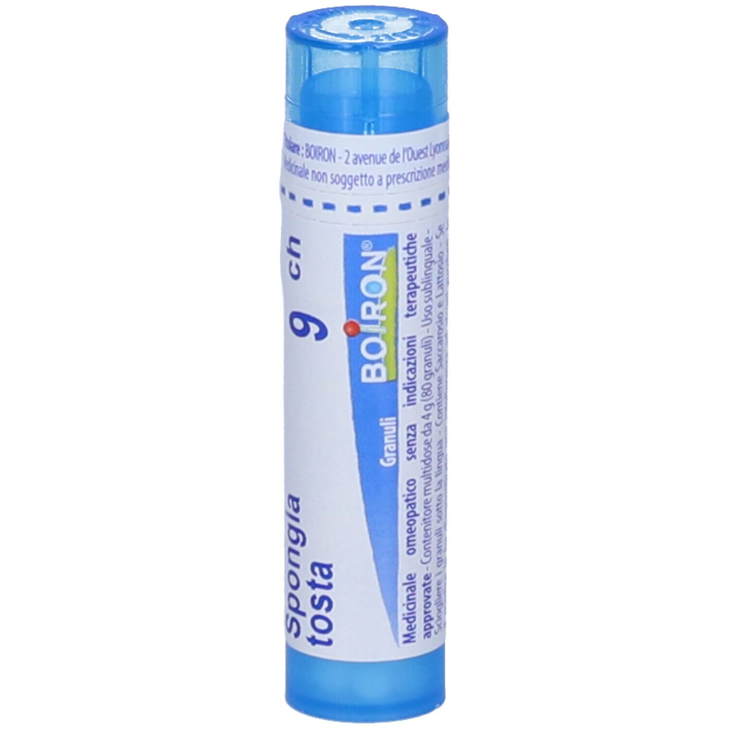 Tubo blu con etichetta bianca. Scritta: Spongia tosta 9 ch, logo BOIRON, Granuli.