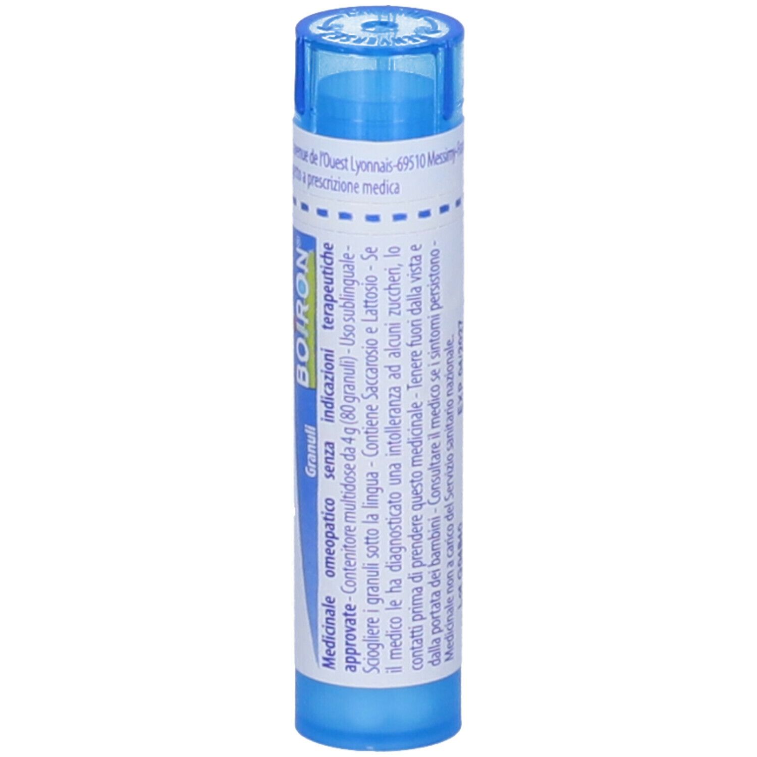 Tubo blu con etichetta bianca. Scritta: Spongia tosta, 9 ch, logo BOIRON, Granuli.