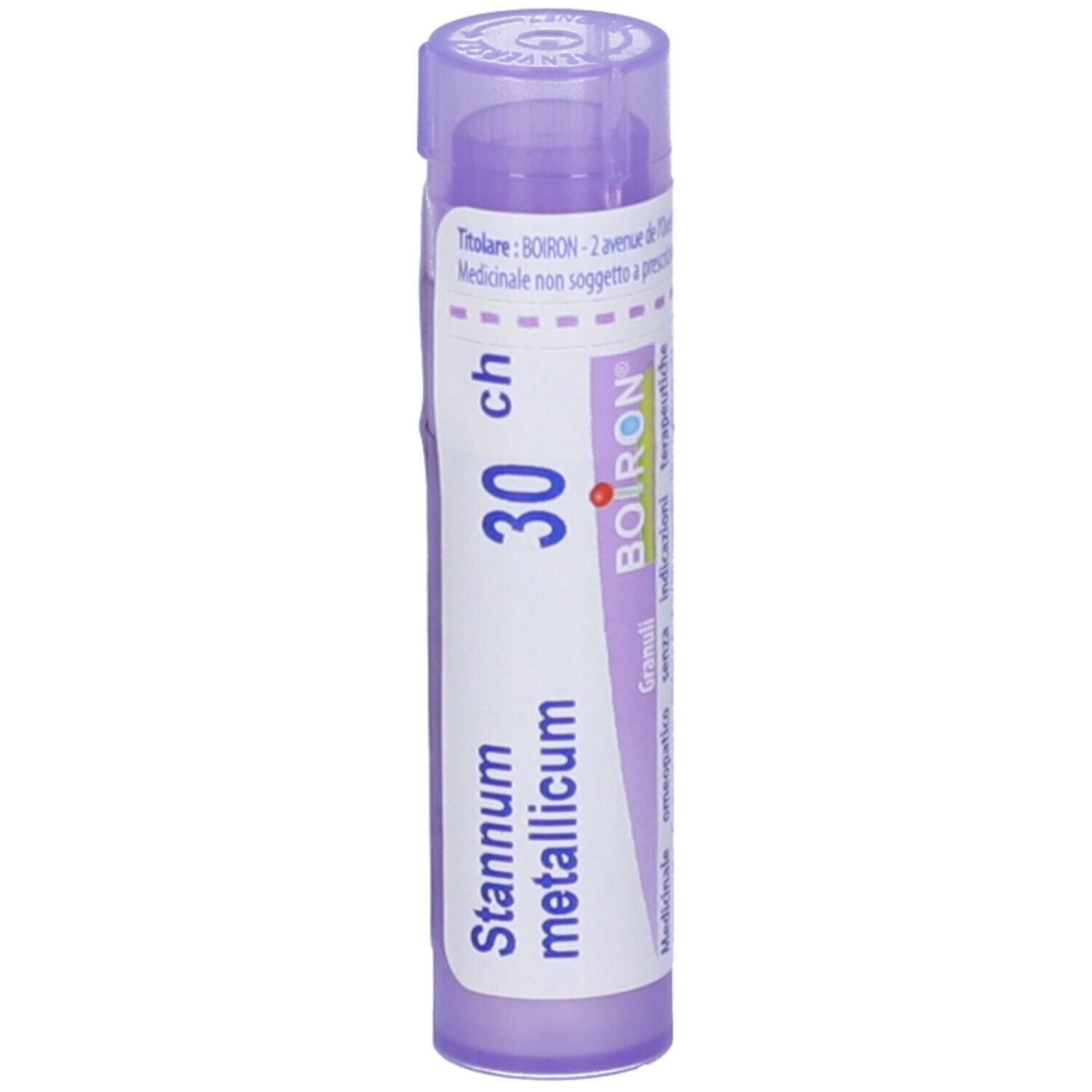 Confezione cilindrica viola. Scritta: Stannum metallicum 30 ch, BOIRON. Contiene granuli.