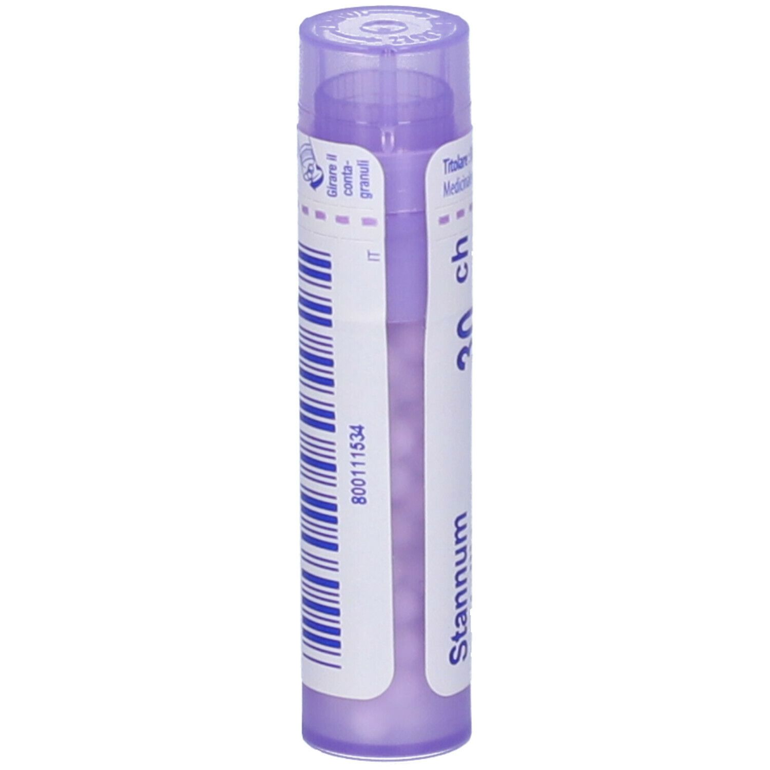 Confezione cilindrica viola con etichette bianche. Scritta: Stannum, 30 ch. Contiene granuli.