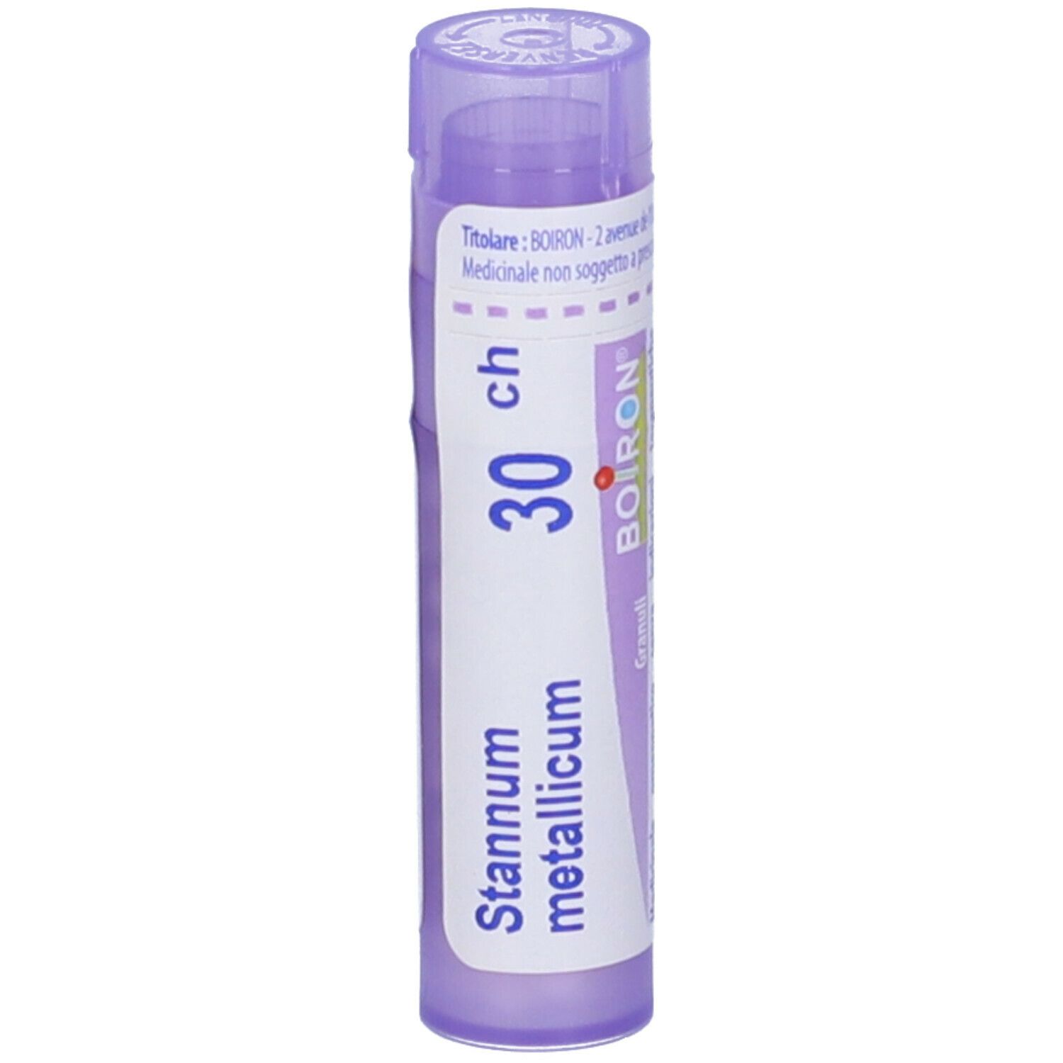Confezione cilindrica viola. Scritta: Stannum metallicum 30 ch, BOIRON. Contiene granuli.
