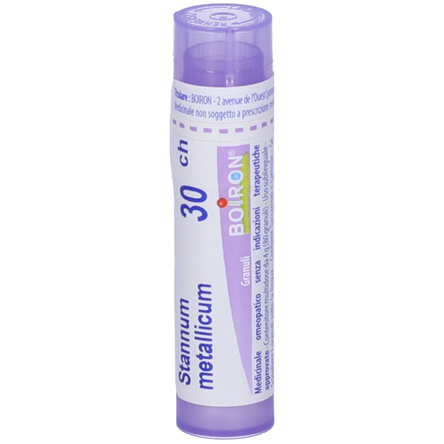 Confezione cilindrica viola. Scritta: Stannum metallicum 30 ch, BOIRON. Contiene granuli.