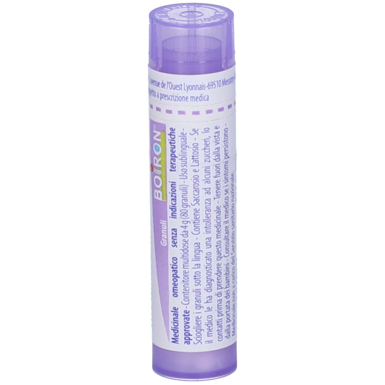Confezione cilindrica viola. Scritta: Stannum metallicum 30 ch, BOIRON. Contiene granuli.