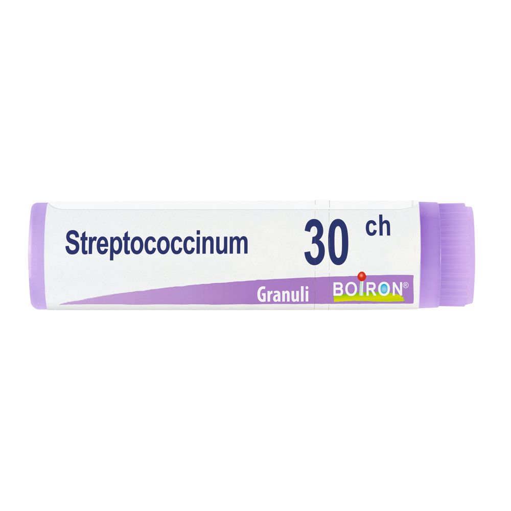 Tubo cilindrico con etichetta bianca. Scritta: Streptococcinum 30 ch, Granuli, Boiron. Tappo viola.