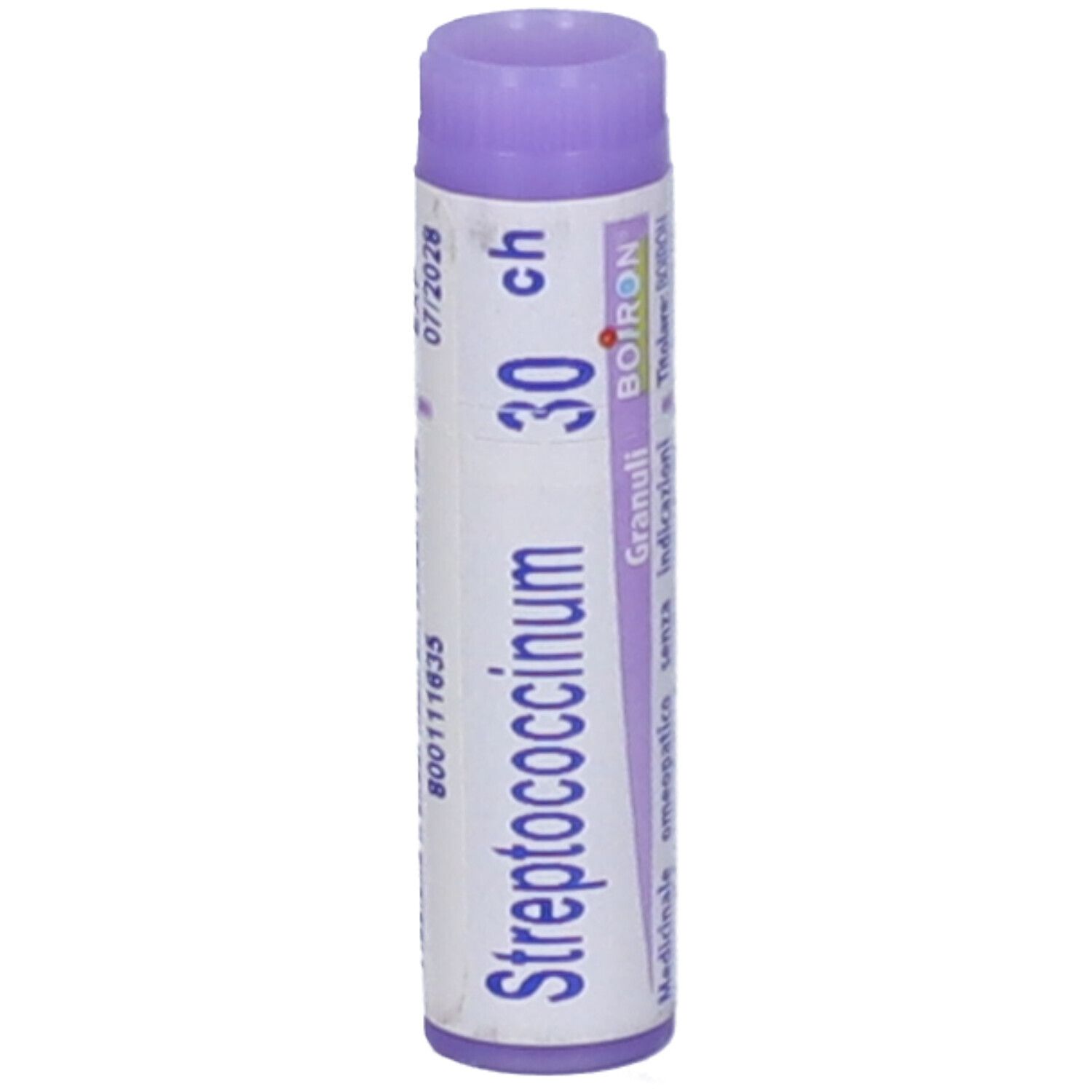 Tubo cilindrico, etichetta bianca con scritta Streptococcinum 30 ch, Boiron. Tappo viola. Scadenza 07/2028.