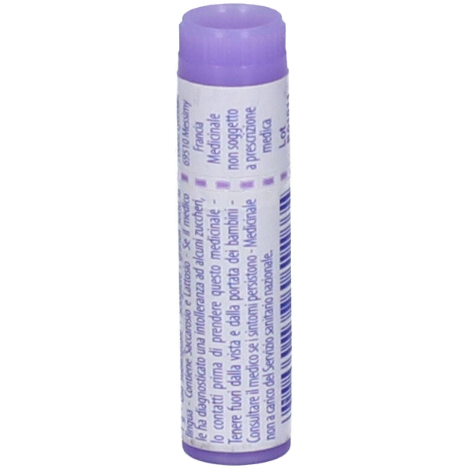Tubo cilindrico, etichetta bianca con testo. Tappo viola. Scritta: Medicinale, non soggetto a prescrizione.