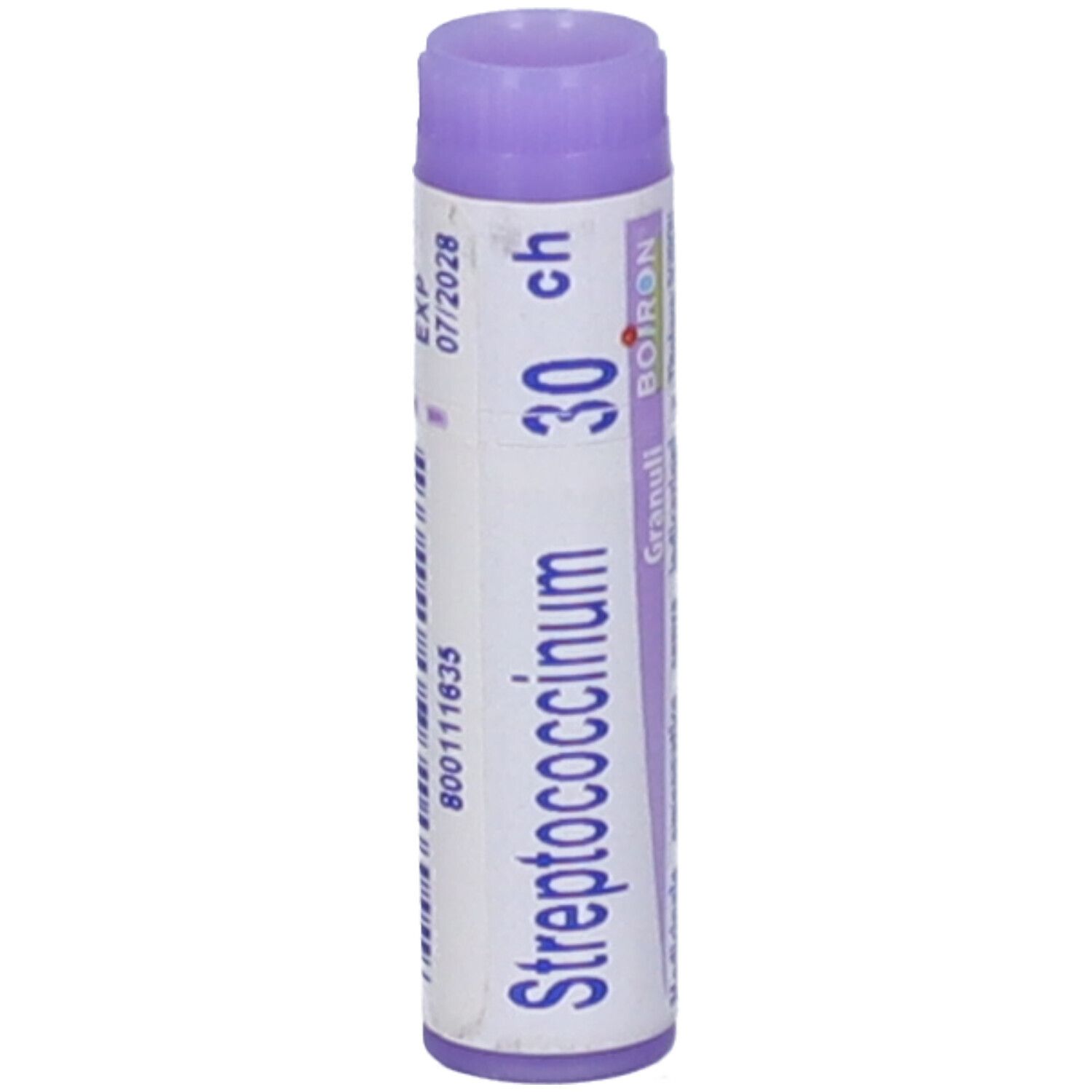 Tubo cilindrico, etichetta bianca con scritta Streptococcinum 30 ch, Boiron. Tappo viola. Scadenza 07/2028.