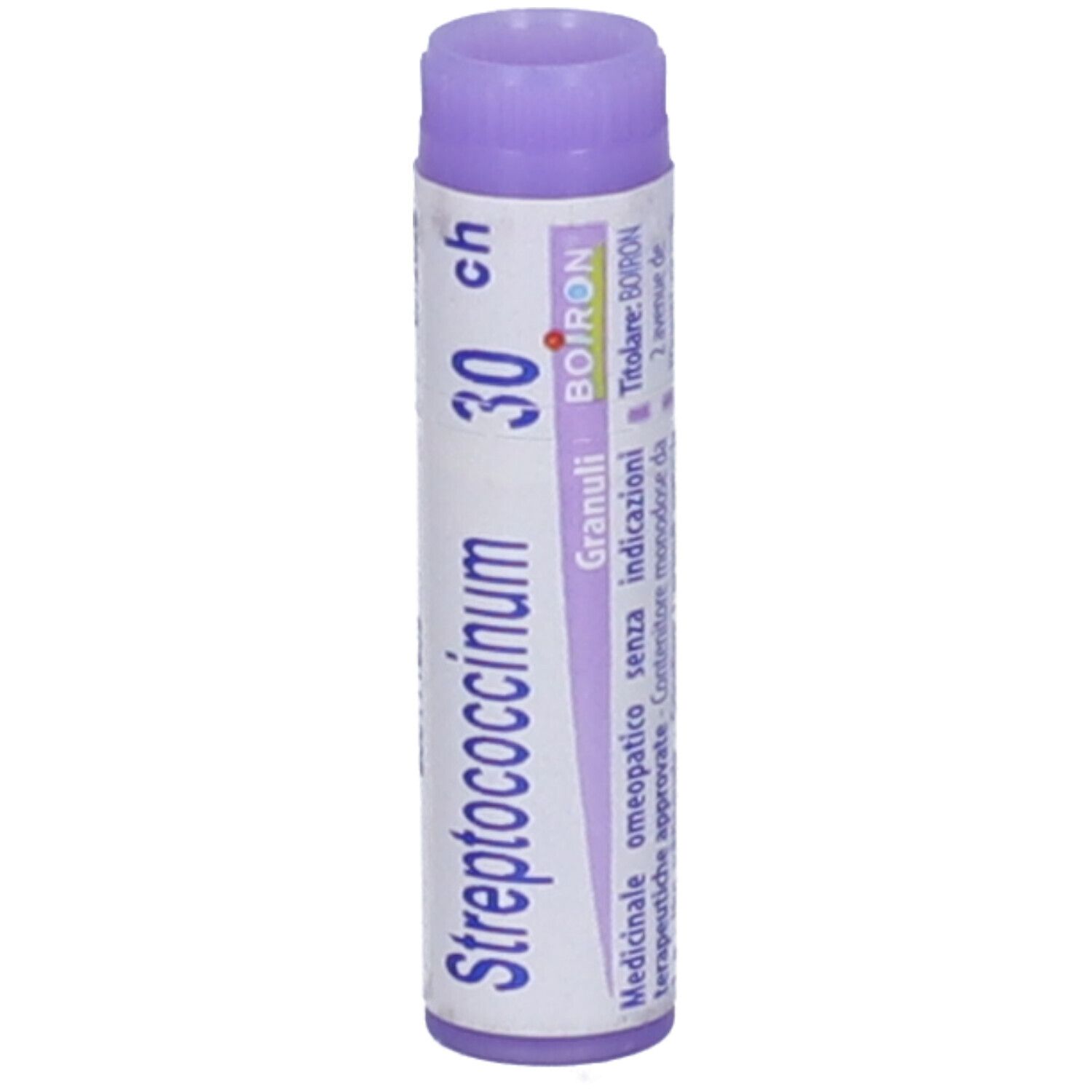 Tubo cilindrico, etichetta bianca con scritta Streptococcinum 30 ch, Boiron. Tappo viola. Medicinale.