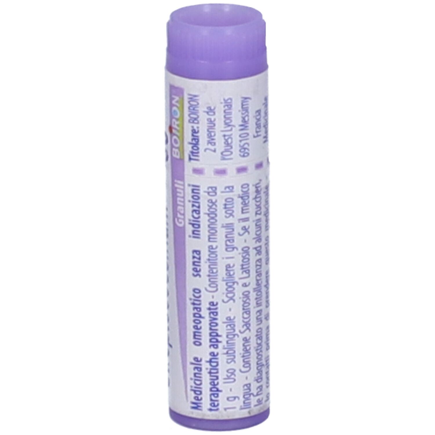 Tubo cilindrico, etichetta bianca con testo. Tappo viola. Scritta: Medicinale omeopatico senza indicazioni.