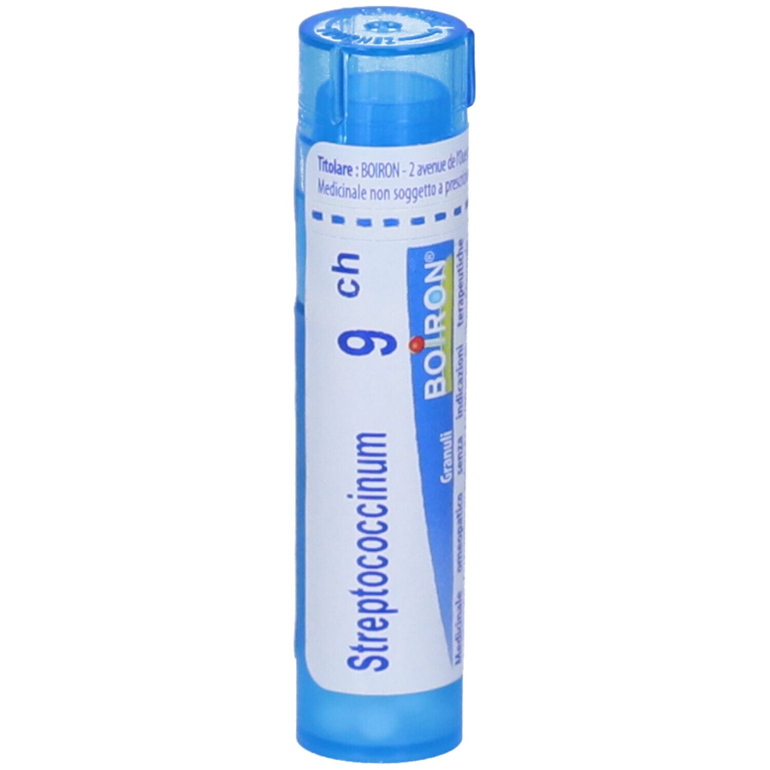 Tubo cilindrico blu. Scritta: Streptococcinum 9 ch, Boiron. Etichetta bianca con testo blu. Tappo blu.