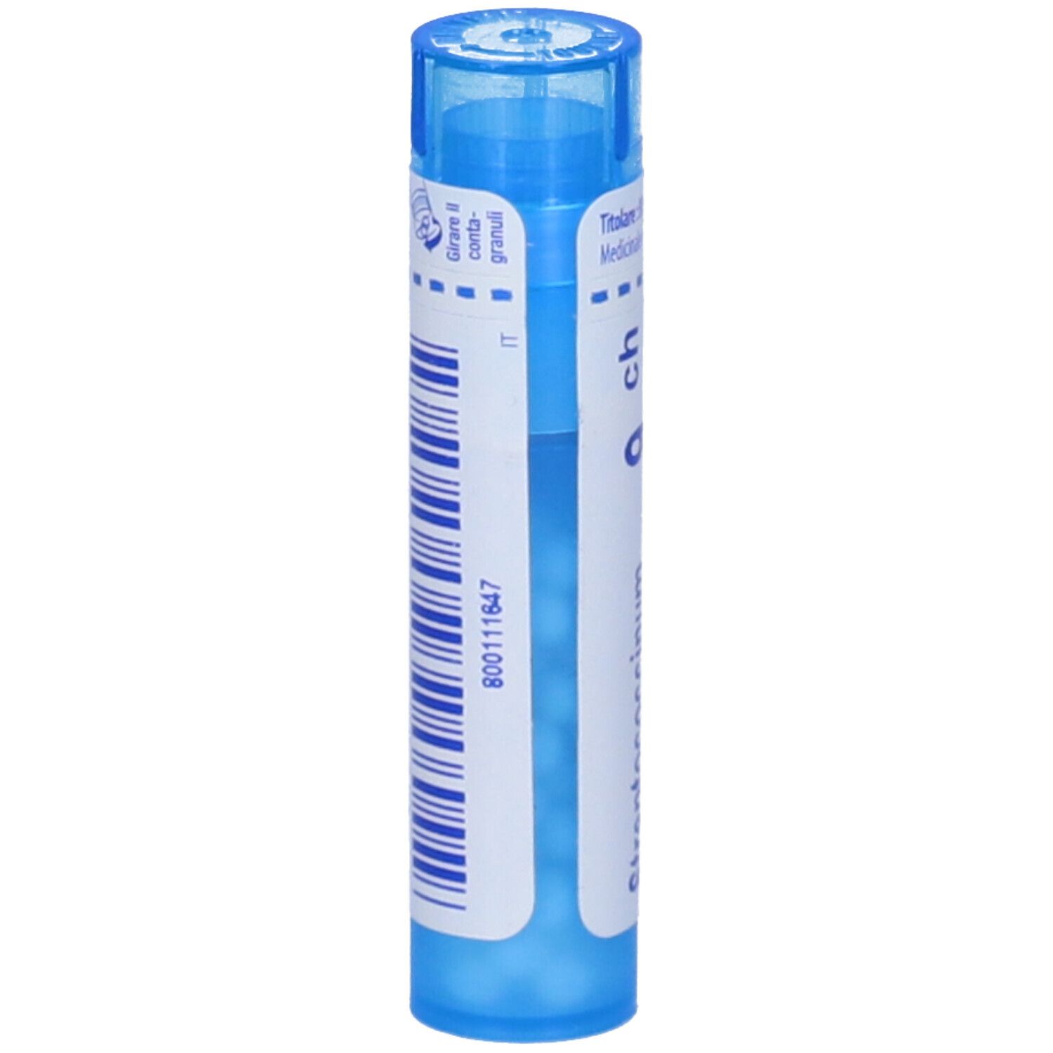 Tubo cilindrico blu. Etichetta bianca con codice a barre e numero 800111647. Tappo blu. Testo in italiano.