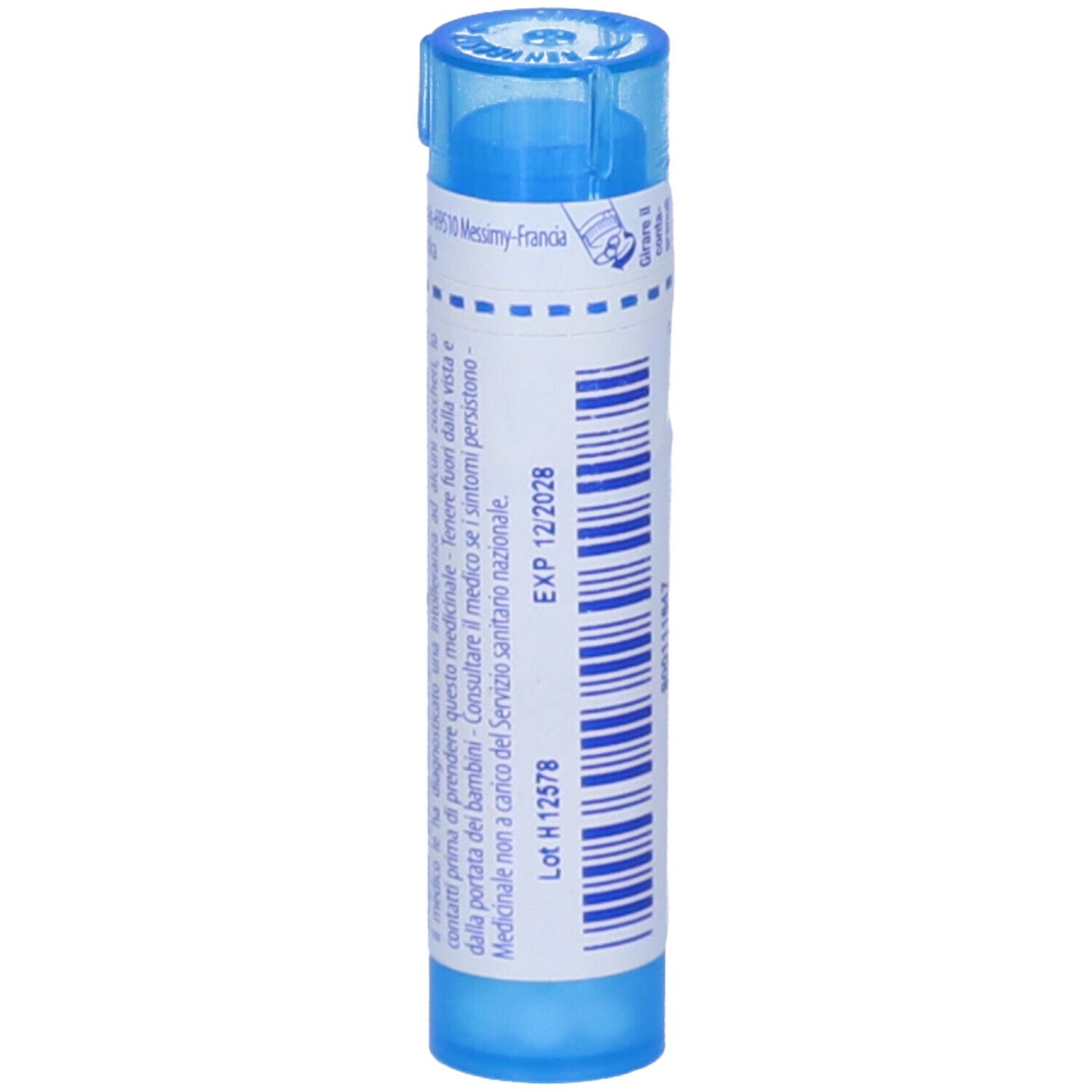 Tubo cilindrico blu. Scritta: EXP 12/2028. Etichetta bianca con testo in italiano. Tappo blu.