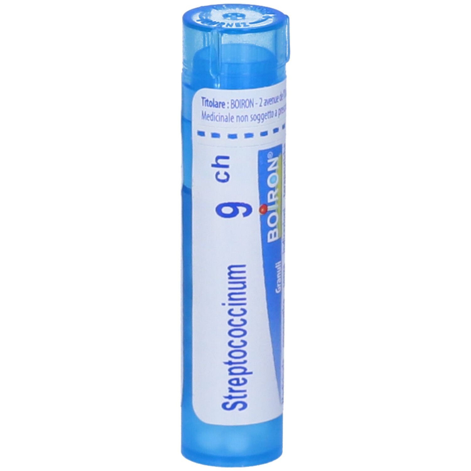 Tubo cilindrico blu. Scritta: Streptococcinum 9 ch, Boiron. Etichetta bianca con testo blu. Tappo blu.