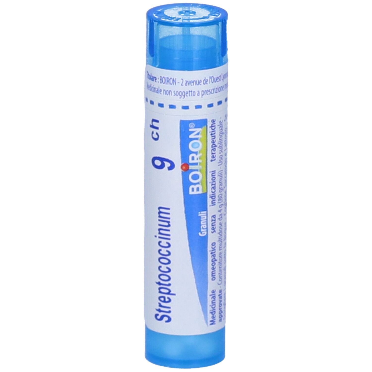 Tubo cilindrico blu. Scritta: Streptococcinum 9 ch, Boiron. Etichetta bianca con testo in italiano. Tappo blu.