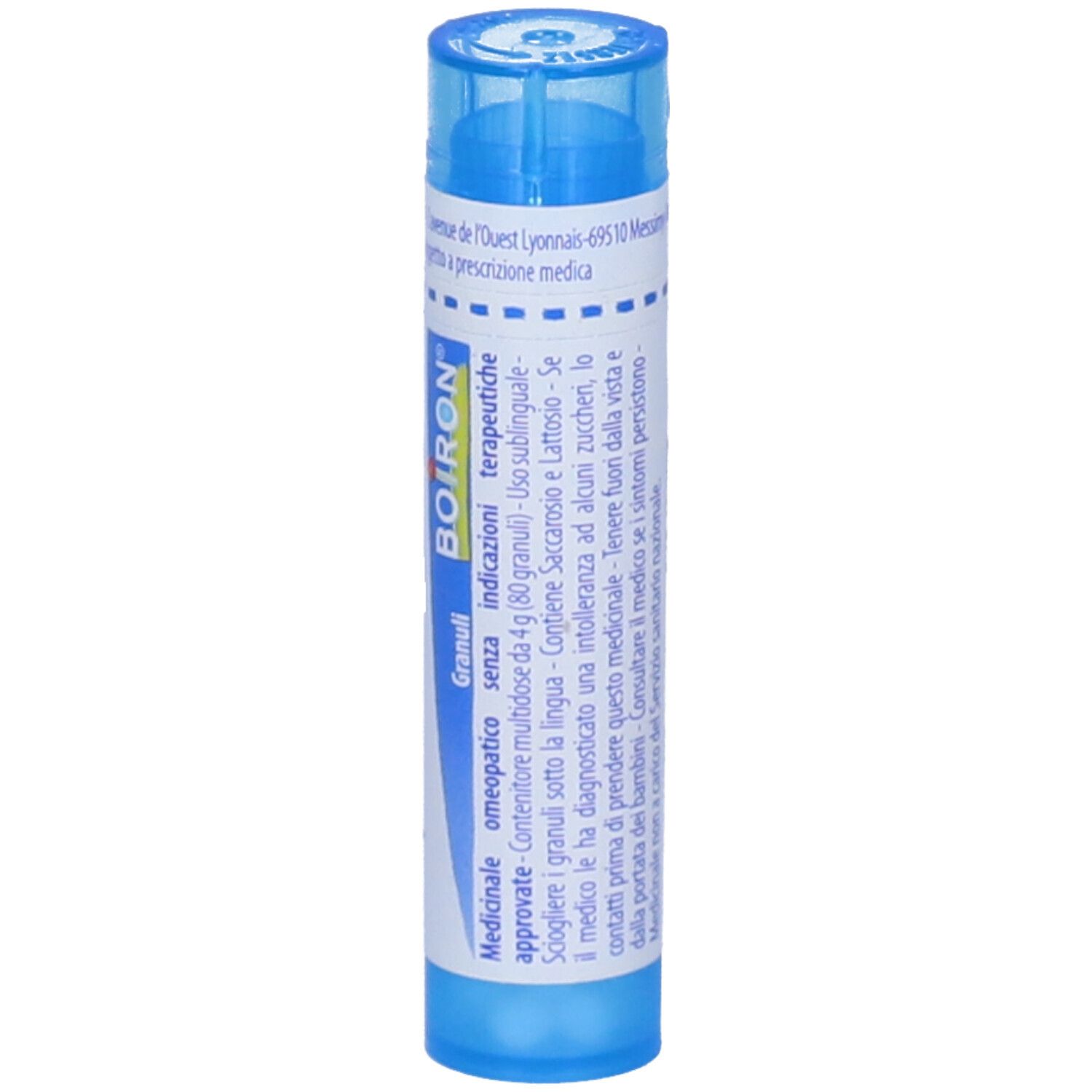 Tubo cilindrico blu. Scritta: Boiron, Granuli. Etichetta bianca con testo in italiano. Tappo blu.