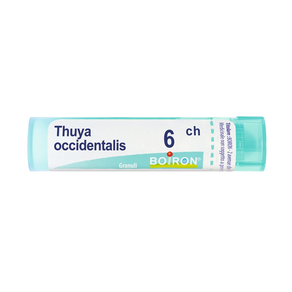 Confezione cilindrica con tappo blu. Scritta: Thuya occidentalis, 6 ch, BOIRON. Contiene granuli.