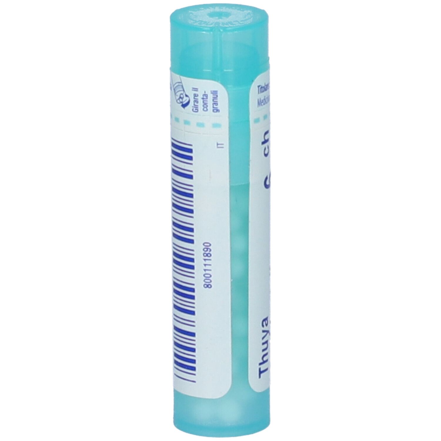 Confezione cilindrica, tappo blu. Scritta: Thuya, 6 ch. Codice a barre e informazioni.