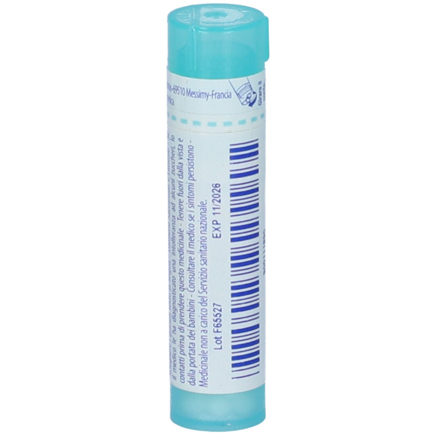Confezione cilindrica, tappo blu. Scritta: EXP 11 2026. Altre informazioni e codice a barre.