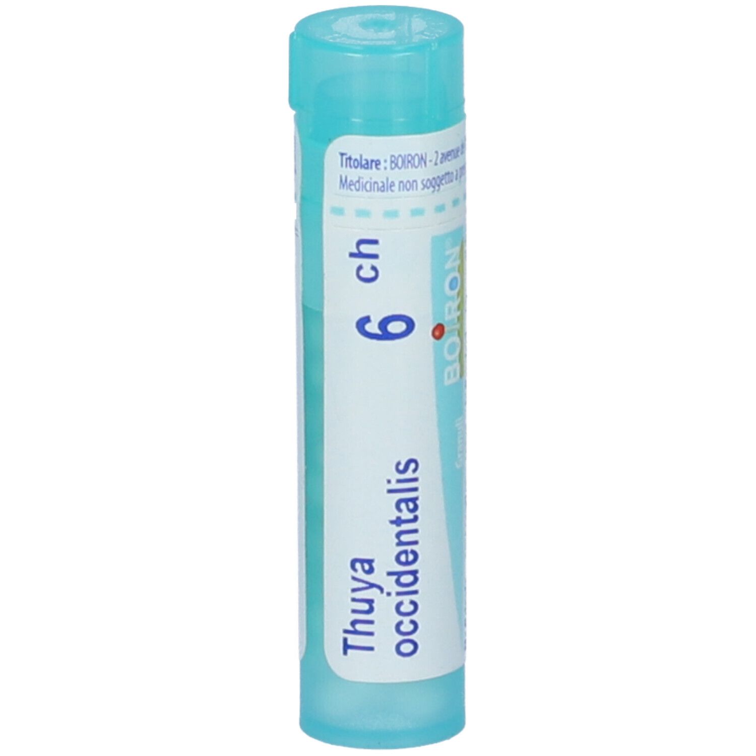 Confezione cilindrica, tappo blu. Scritta: Thuya occidentalis, 6 ch, BOIRON. Granuli.