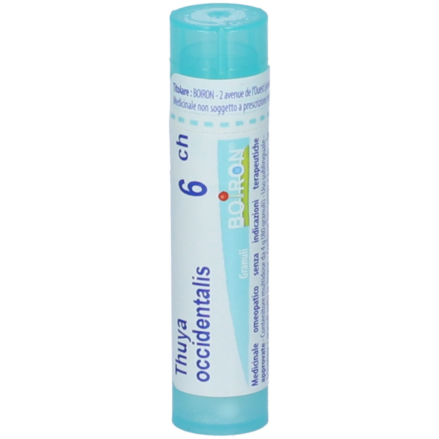 Confezione cilindrica, tappo blu. Scritta: Thuya occidentalis, 6 ch, BOIRON. Granuli.