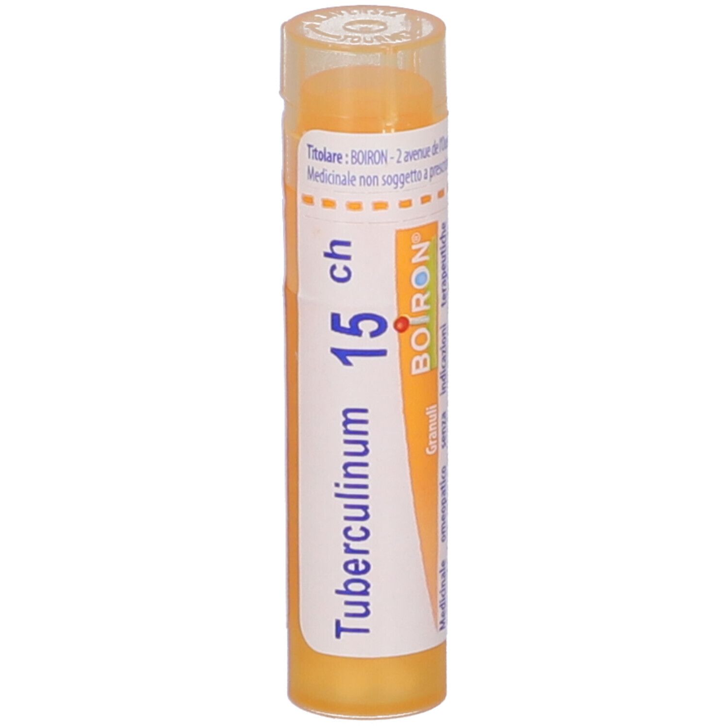 Confezione cilindrica con granuli gialli. Scritta: Tubercolinum 15 ch, BOIRON. Coperchio trasparente.