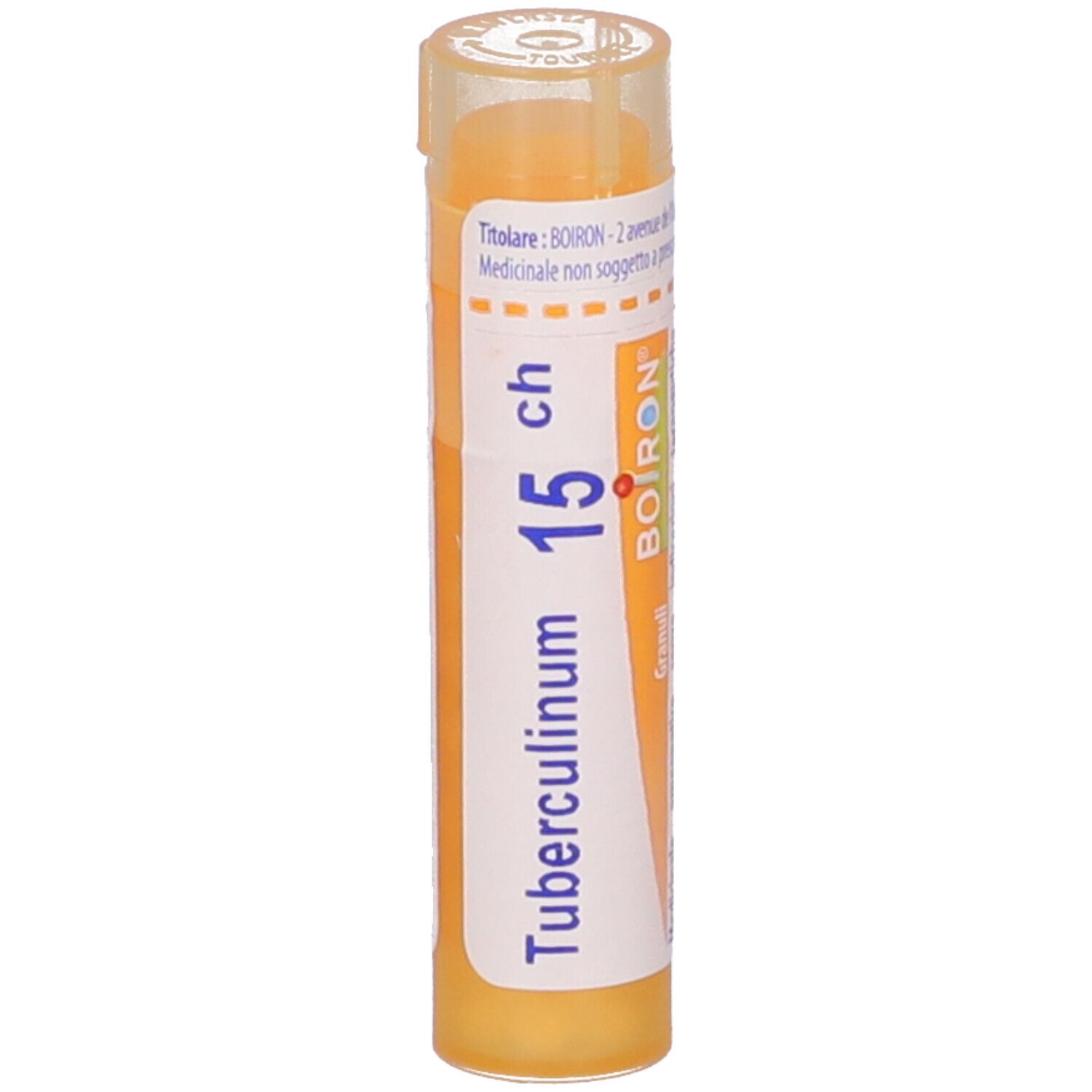 Confezione cilindrica con granuli gialli. Scritta: Tubercolinum 15 ch, BOIRON. Coperchio trasparente.