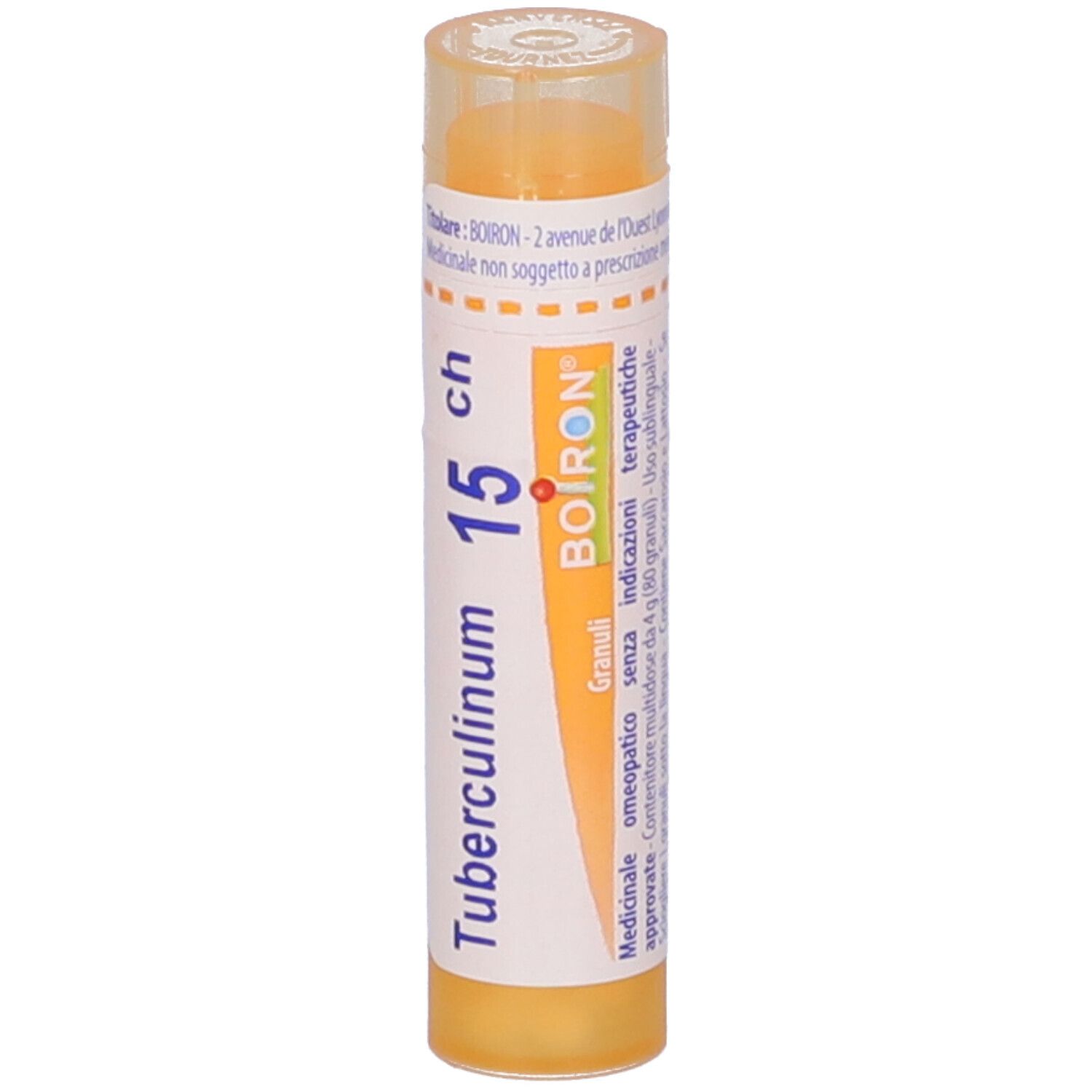 Confezione cilindrica con granuli gialli. Scritta: Tubercolinum 15 ch, BOIRON. Medicinali.