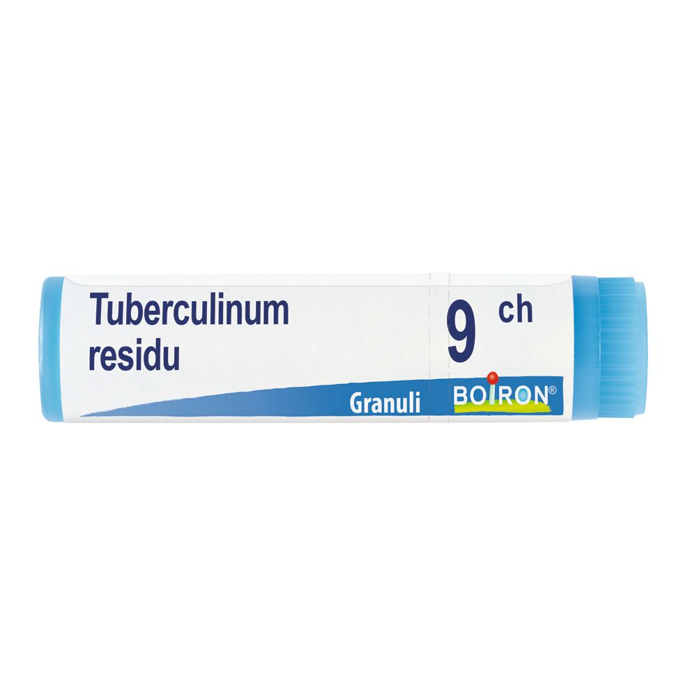 Confezione cilindrica con tappo blu. Scritta: Tubercolinum residu 9 ch, Granuli, Boiron.