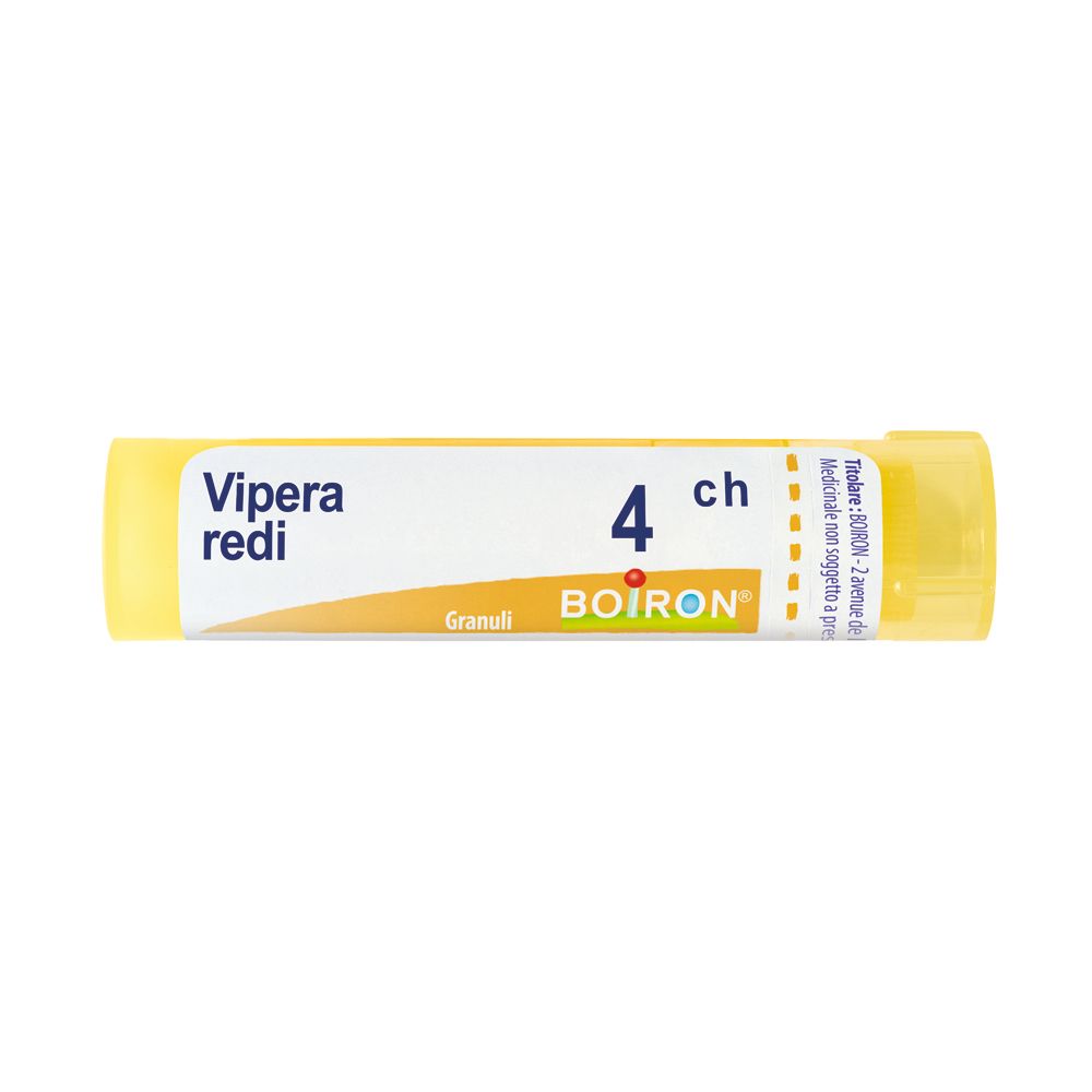Tubo cilindrico giallo con etichetta bianca. Scritta: Vipera redi 4 ch, Granuli, BOIRON.