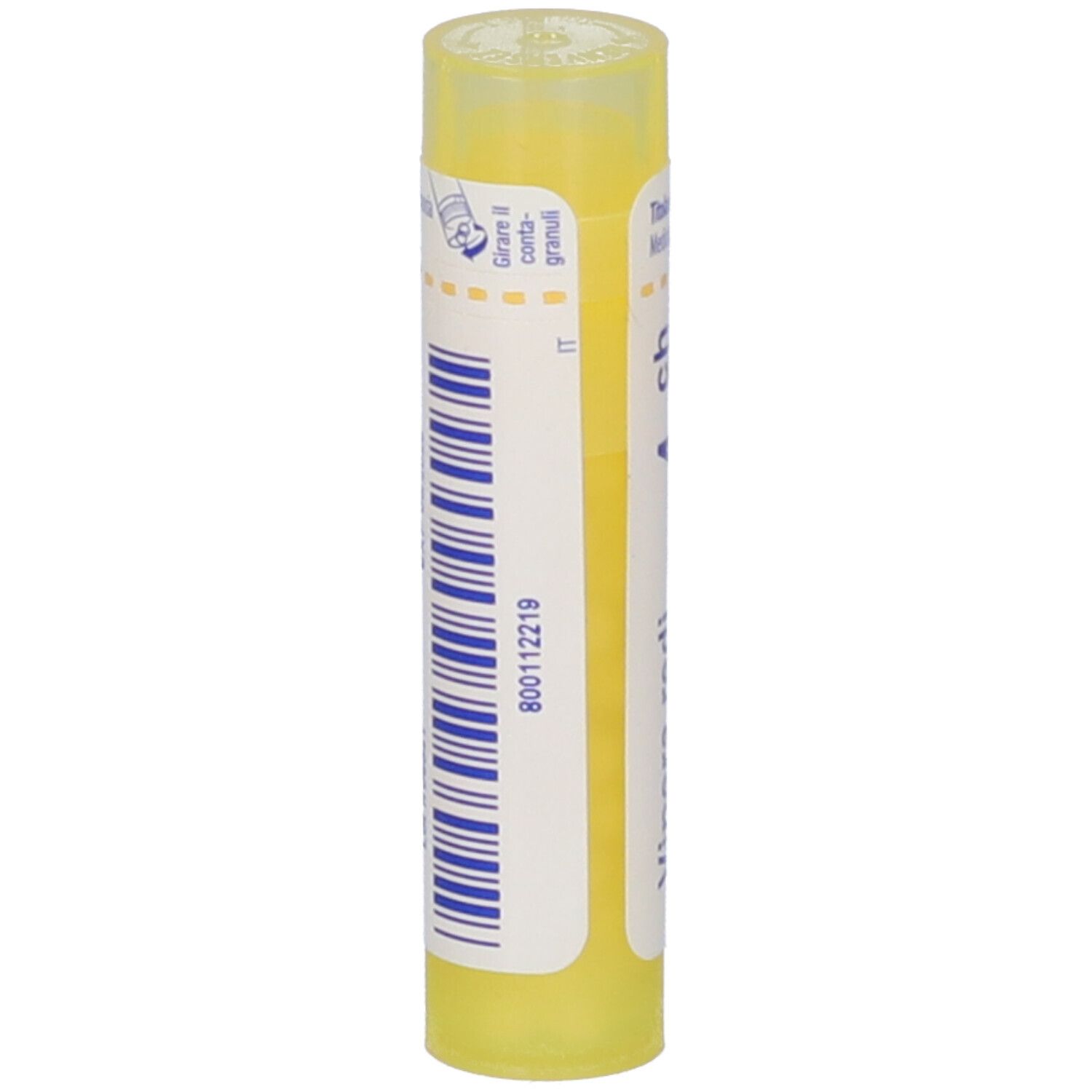 Tubo cilindrico giallo. Scritta: 800112219. Strisce verticali blu su etichetta bianca.