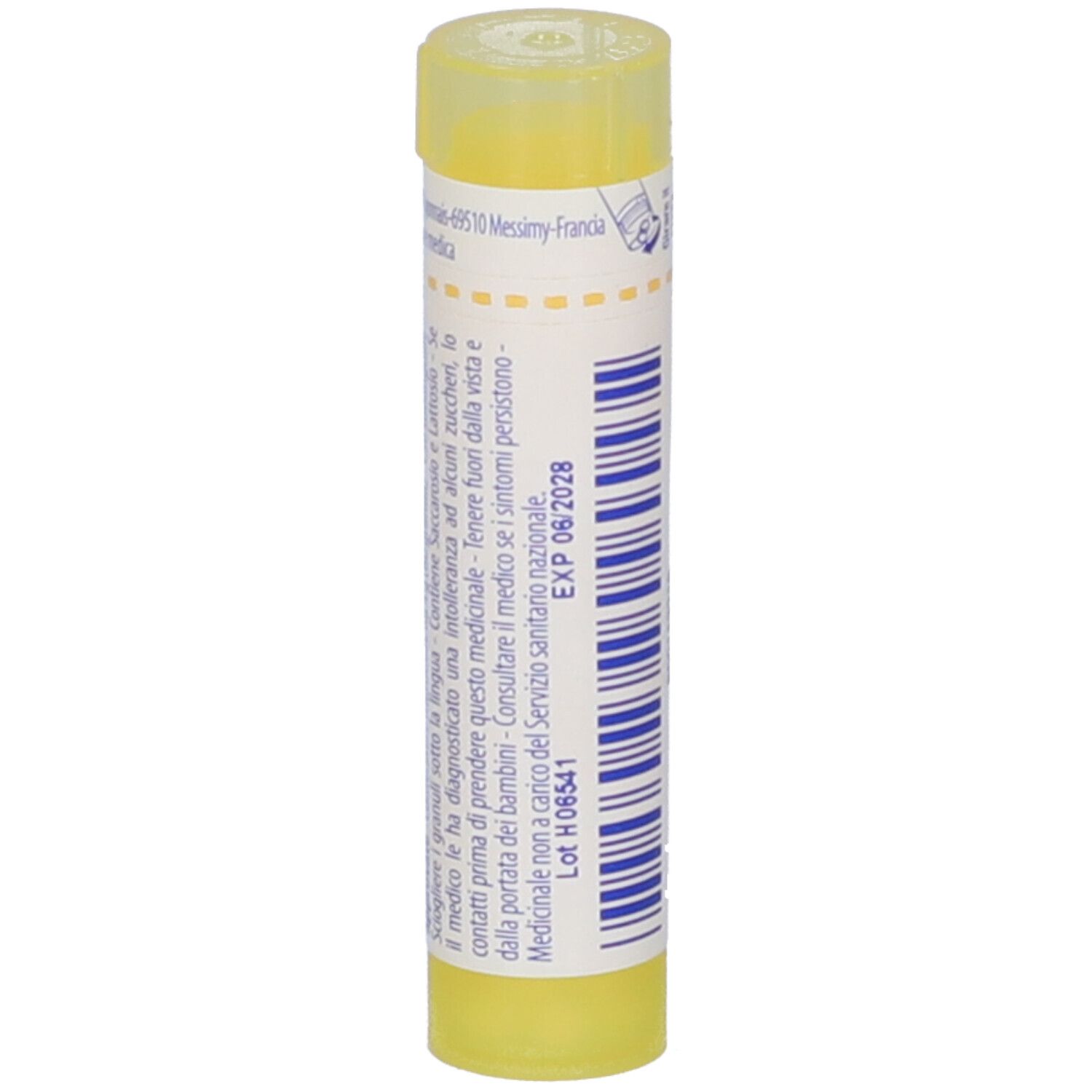 Tubo cilindrico giallo. Scritta: EXP 06 2028, Lot H06541. Testo su etichetta bianca.