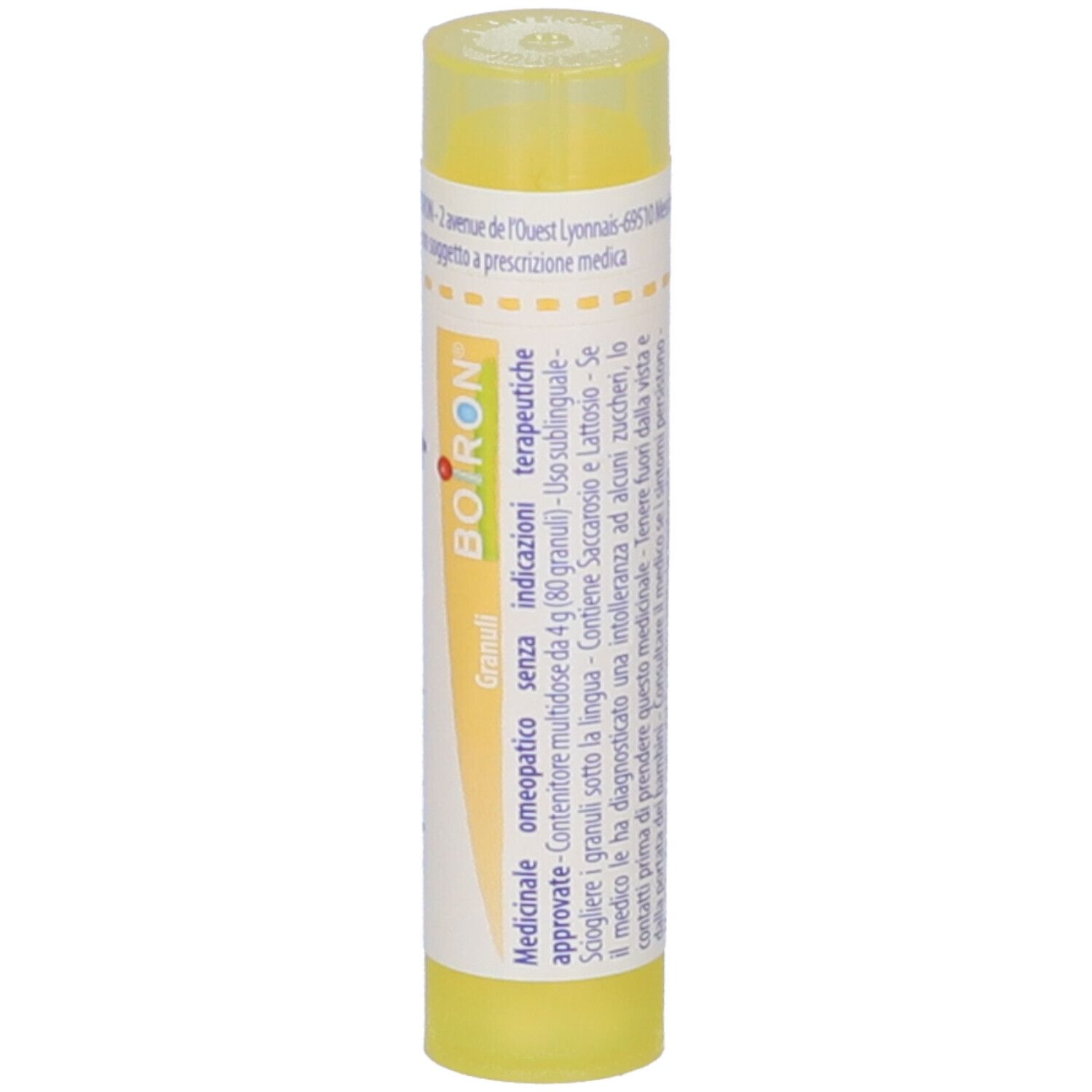 Tubo cilindrico giallo. Scritta: BOIRON, Granuli, senza indicazioni. Testo su etichetta.