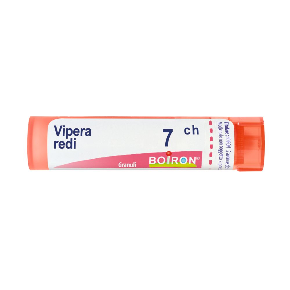 Confezione cilindrica con scritta 'Vipera redi 7 ch Granuli' e logo BOIRON. Tappo arancione.