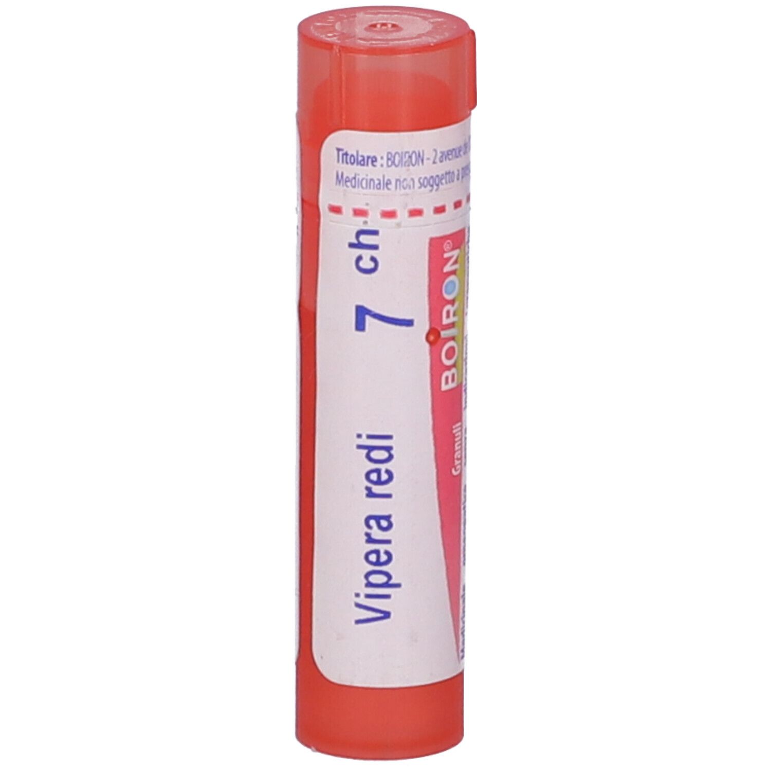 Confezione cilindrica con 'Vipera redi 7 ch' e logo BOIRON. Tappo rosso. Scritta 'Granuli'.