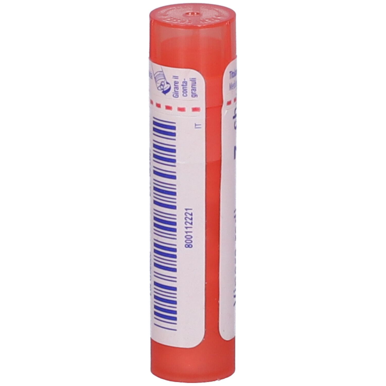 Confezione cilindrica rossa con etichetta bianca. Etichetta: codice a barre e '800112221'.